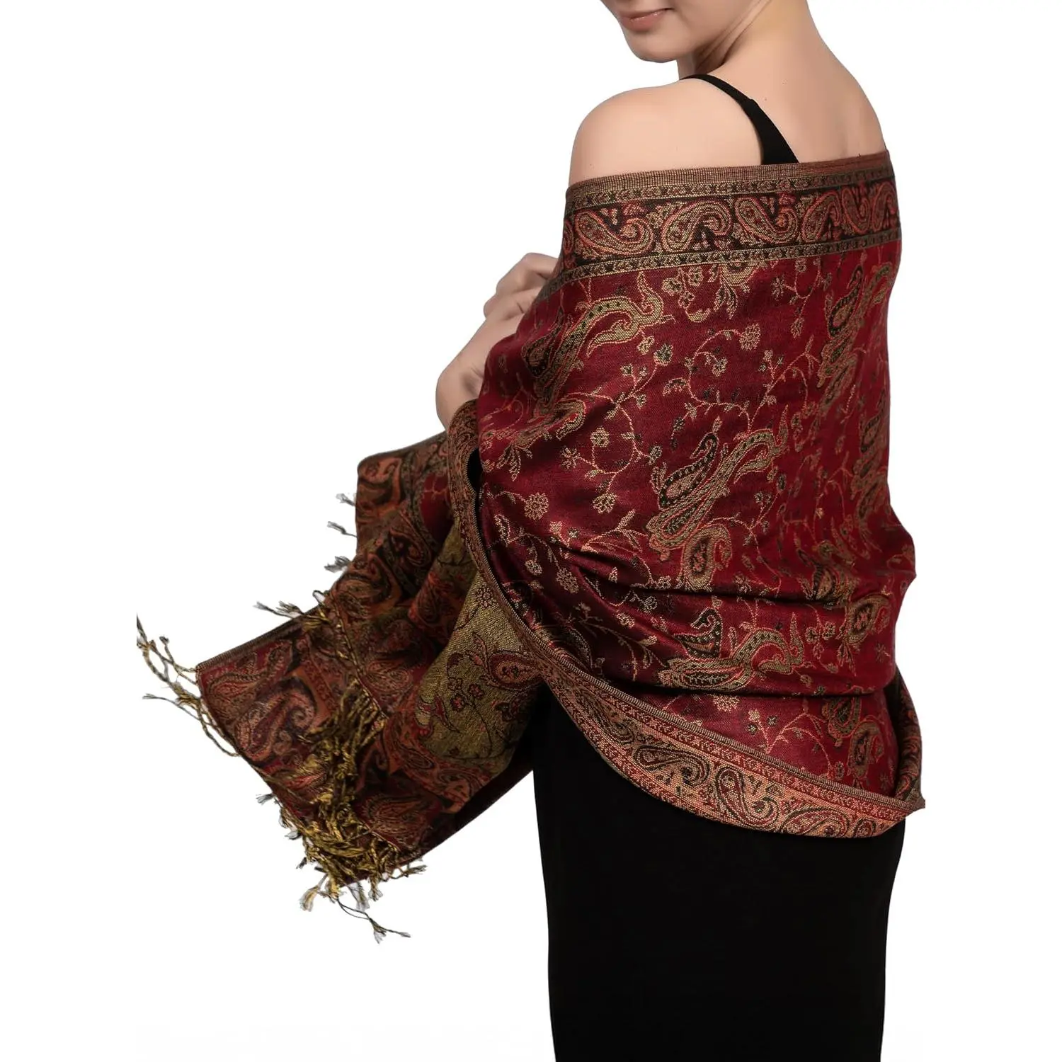 Reversible Paisley Acrylic Pashmina Rave Scarf - Modest Fashion Hijab, Exotic Indian Shawl Wrap for Evening Dresses, Festivals, Acrylic Fabric
