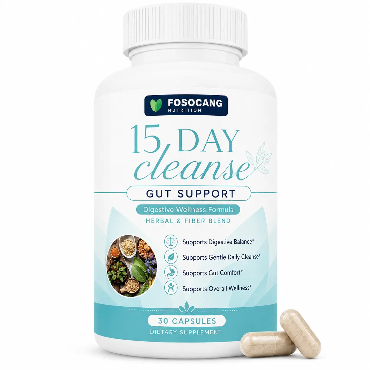 FoSoCang 15 Day Cleanse - Gut and Colon Support - Advanced Gut Cleanse Detox for Women & Men with Senna, Cascara Sagrada & Psyllium Husk - Non-GMO - Made in USA - 30 Capsules