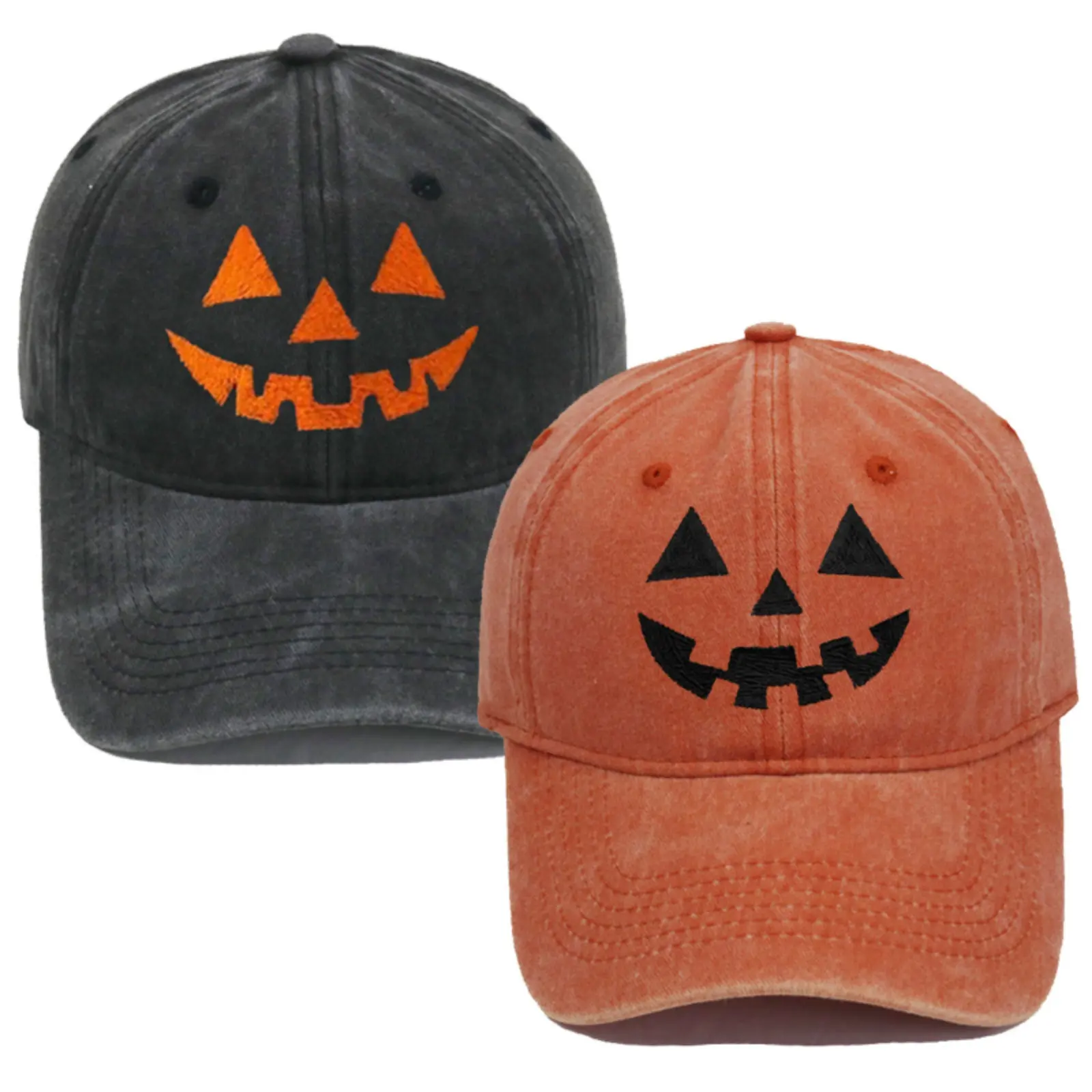 Halloween Pumpkin Funny Dad Hat, Vintage Washed Cotton with Embroidered Face and Distressed Finish, Adjustable for Unisex Wear and Autumn Travel, Adjustable Size, Jack O' Lantern, Distressed Look,back to school,back to school haul