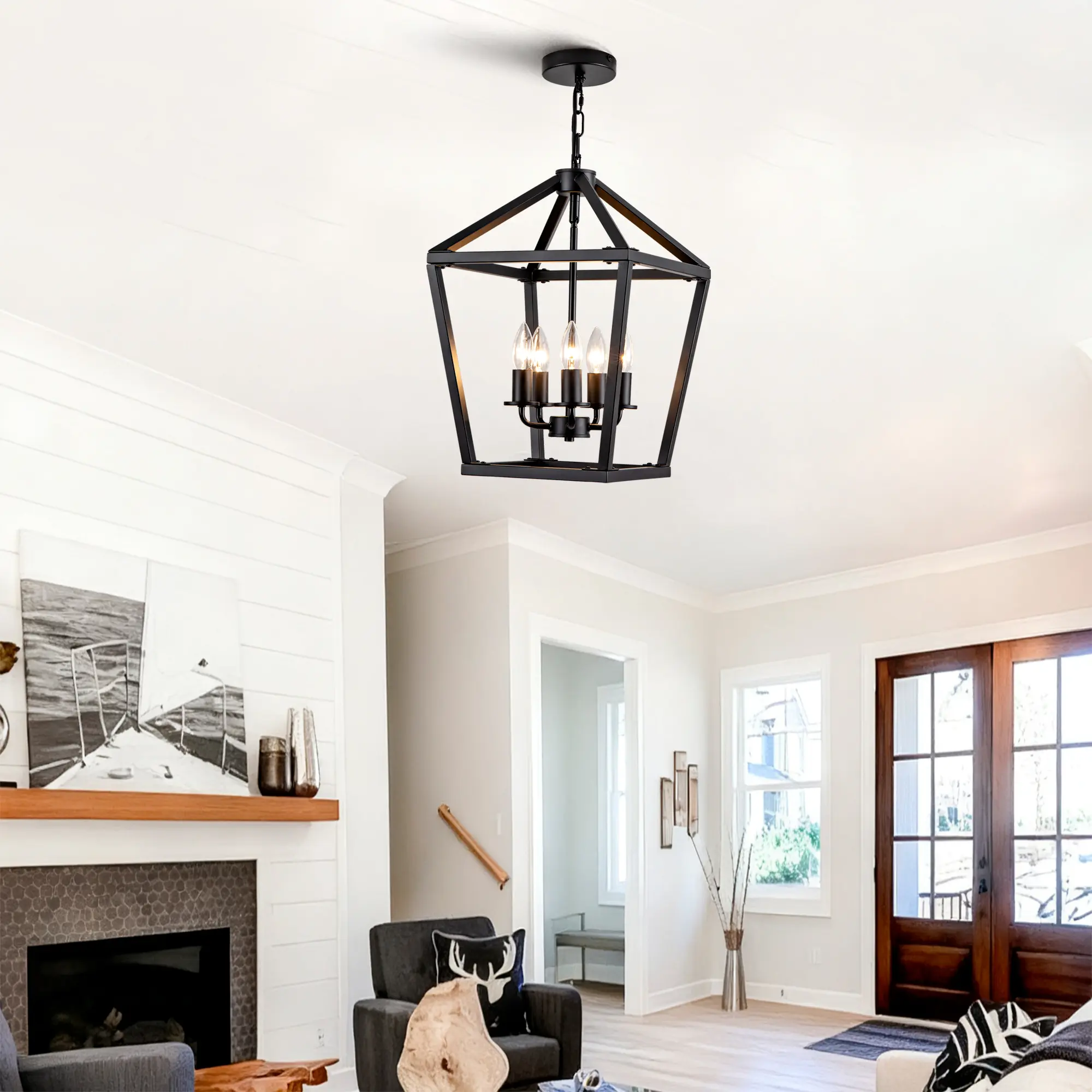 ARCH Farmhouse 5-Light Industrial Black Chandelier - Rustic Open Cage Lantern Form, Adjustable Hanging Height, E12 Bulb Base, Ceiling Mount, Ample Illumination for Kitchen Islands, Home Office, Living Rooms