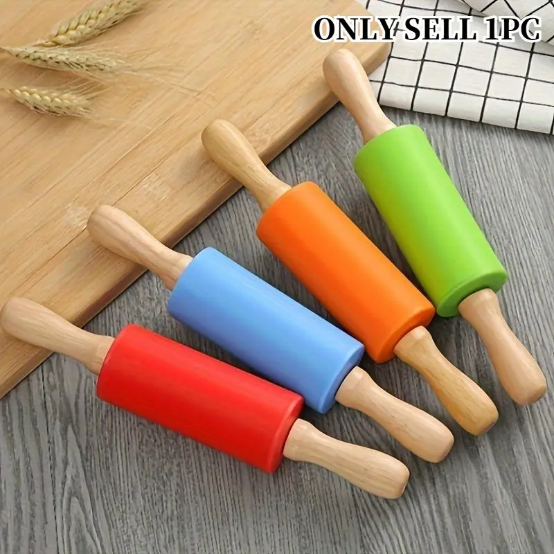 1pc Mini Non-Stick Rolling Pin with Wooden Handles - Small Silicone Dough Roller for Pizza, Pie, Cookies & Pastry. Perfect for Kids' Baking & DIY Crafts. Great for Home, School & Family Use. Ideal Holiday & Birthday Gift for Bakers & Parents.