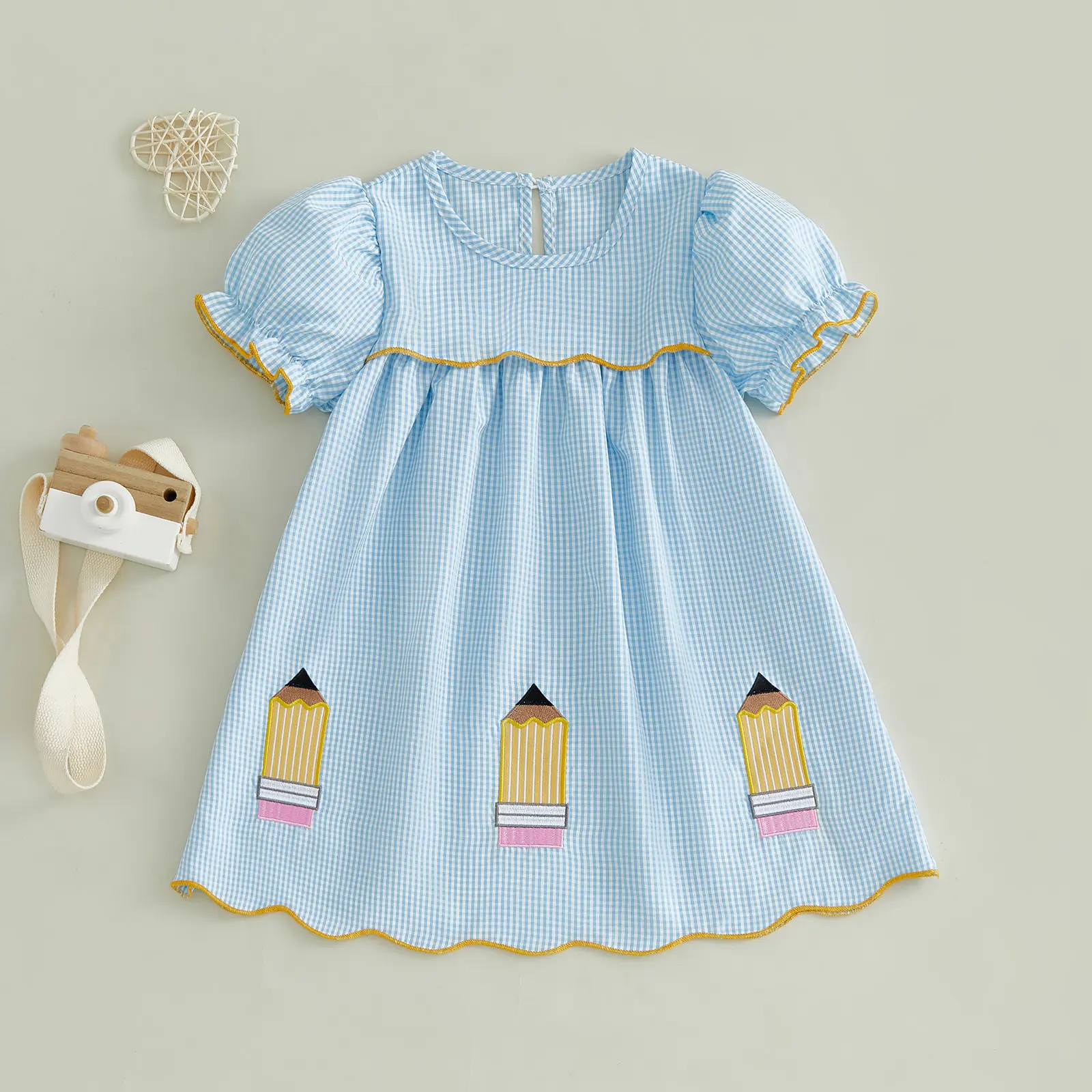 Toddler Girl Back to School Dress Plaid Pencil Embroidery Short Sleeve Smocked Dress First Day of Preschool Kindergarten Outfit