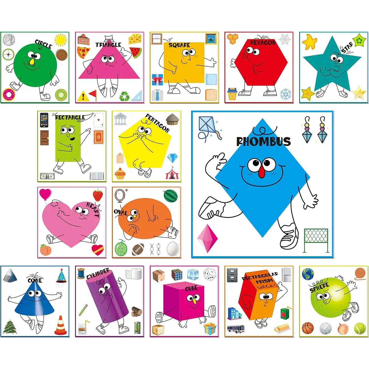 15 count Shape Posters, Shapes Learning Bulletin Board Set School Decoration Supplies Teaching Tool for   Family Classroom, 12” x 11.5”