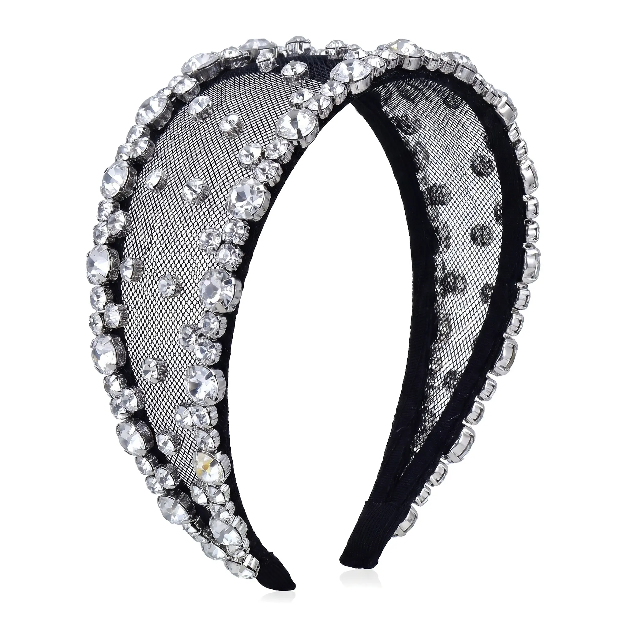 Sparkly Rhinestone Hairband For Women Winter Office Lady Elegant Headband Black Mesh Decor Handmade Crown Heart Tassel Chain Sugar Cube Asymmetry