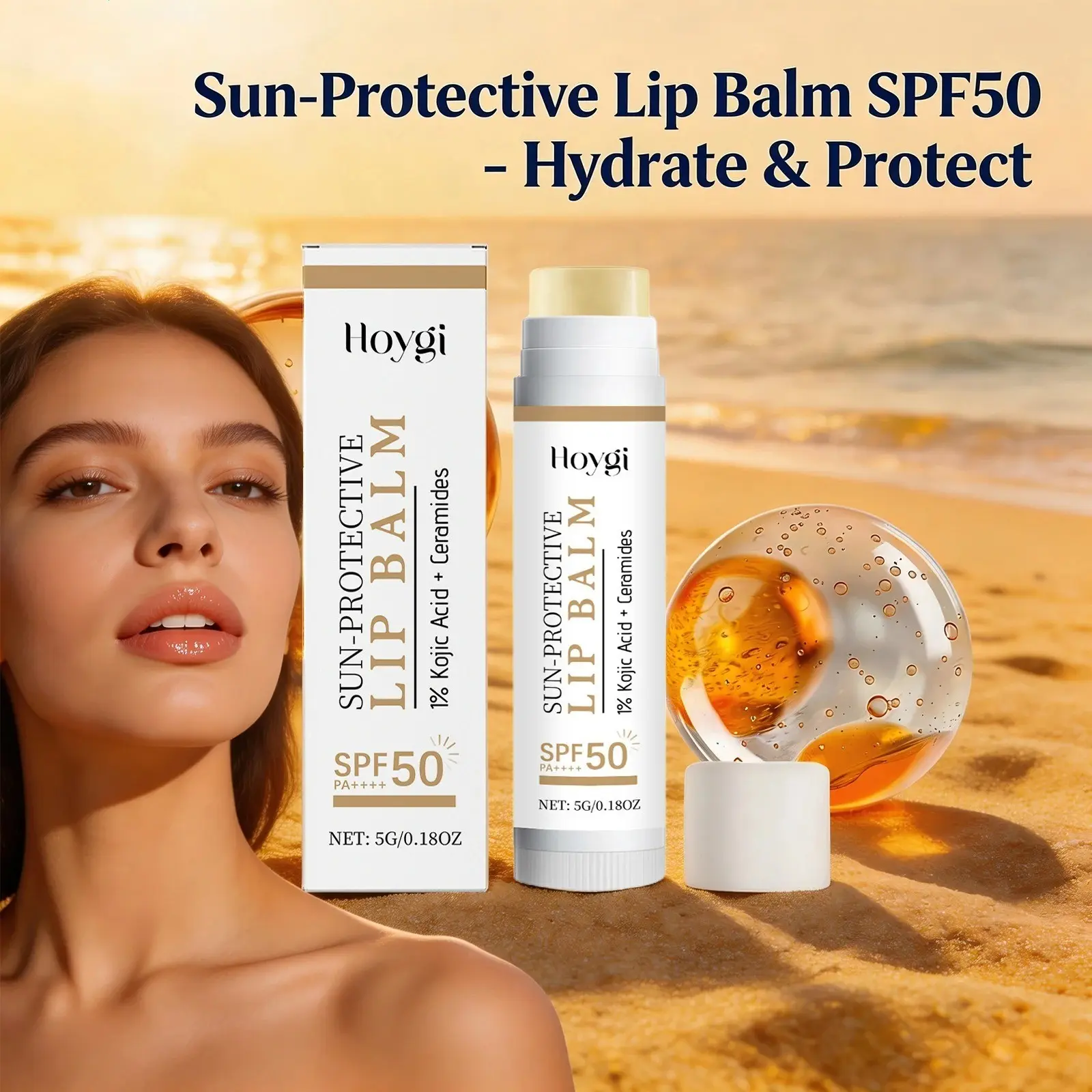 Sun Protective Lip Balm SPF 50+, Sunblock Fade Lip Lines, Nourishing Moisturizing Hydrating, Kojic Acid Ceramide, Lip Care Shining Glossy Lipstick