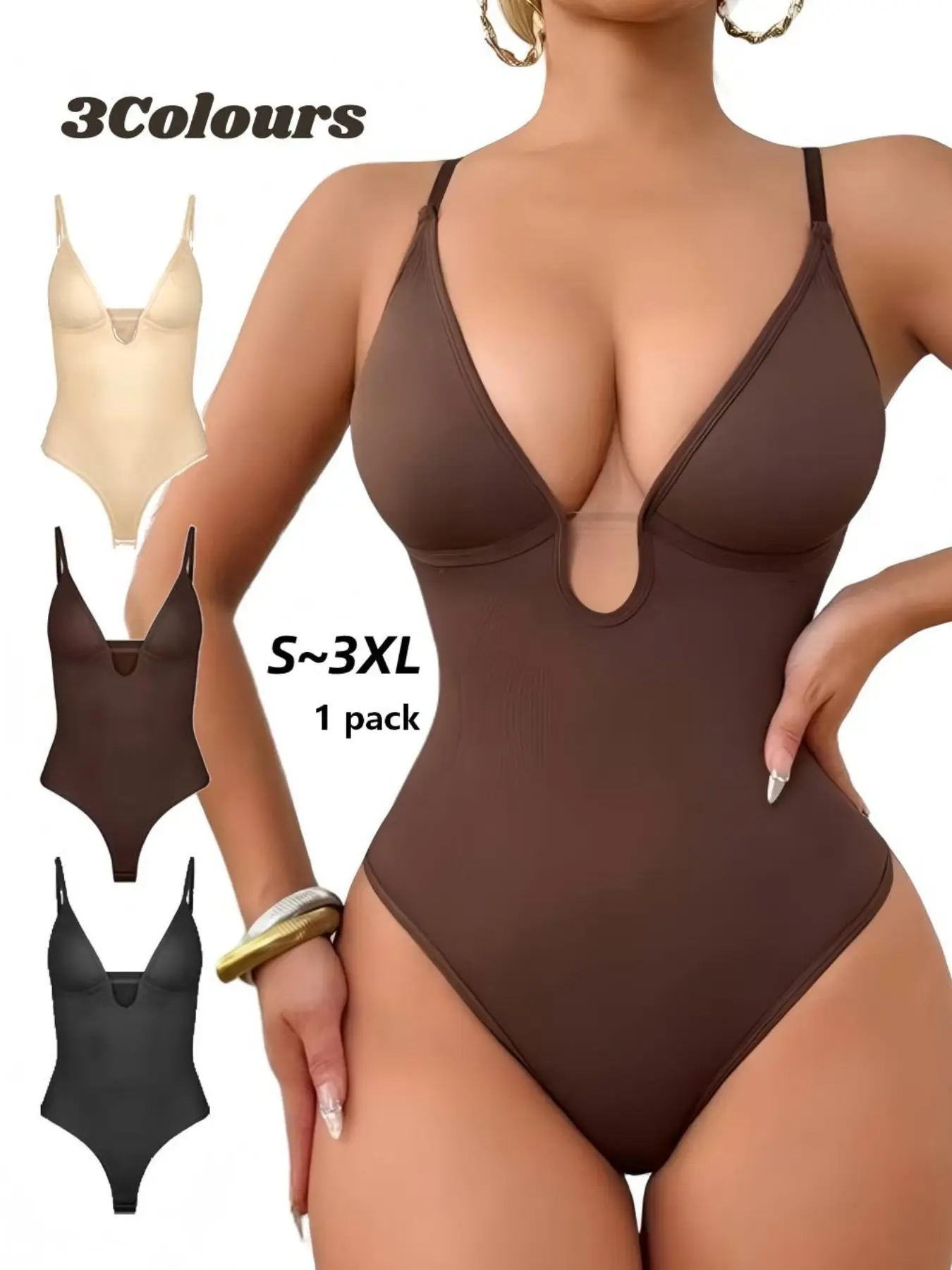 Women's Shapewear Deep V Thong Spaghetti Strap Abdomen Control Garment Bodysuit, Faja Moldeadora Shapewear Bodysuit, Smooth Slimming Underwear, All-Season Comfortable Basic, S~xxxl Size, Sexy Style, Womenswear