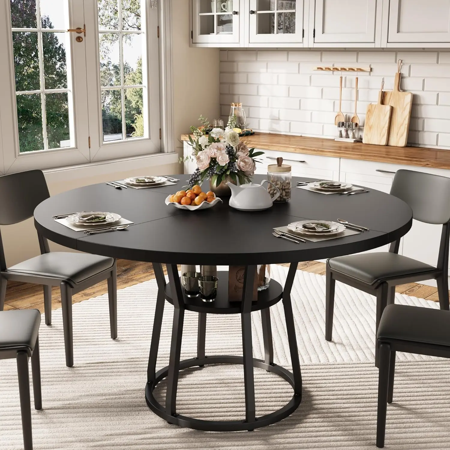 Farmhouse Round Dining Table for 4-6 – Space-Saving Wood Table with Storage Shelf – Metal Legs – Ideal for Kitchen, Dining Room, Living Room, Apartment