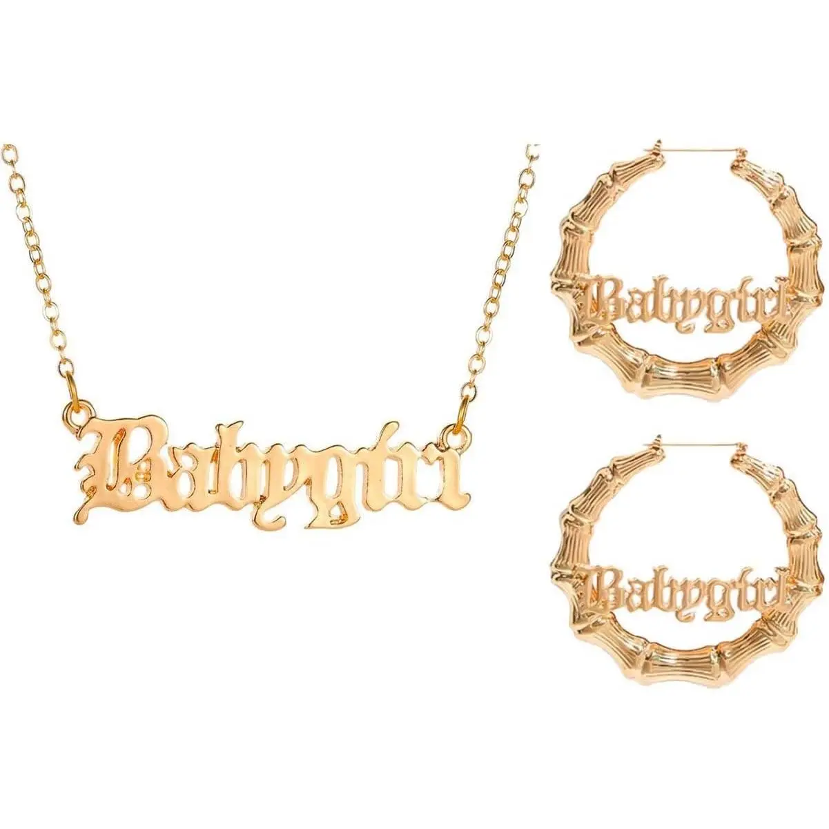 90s Hip Hop Jewelry Set with Gold Plated Bamboo Hoop Earrings & Large Old English Letter Necklace for Female 80s Costume Parties, 80S 90S Costume, Letters