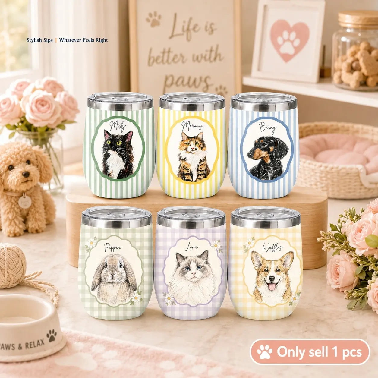 Personalized Pet Portrait Tumbler 12oz, Cute Dog & Cat Face Design Insulated Wine Tumbler with Lid, Double Wall Stainless Steel Vacuum Coffee Cup, Custom Name Gift for Pet Lovers, Travel Mug for Hot & Cold Drinks
