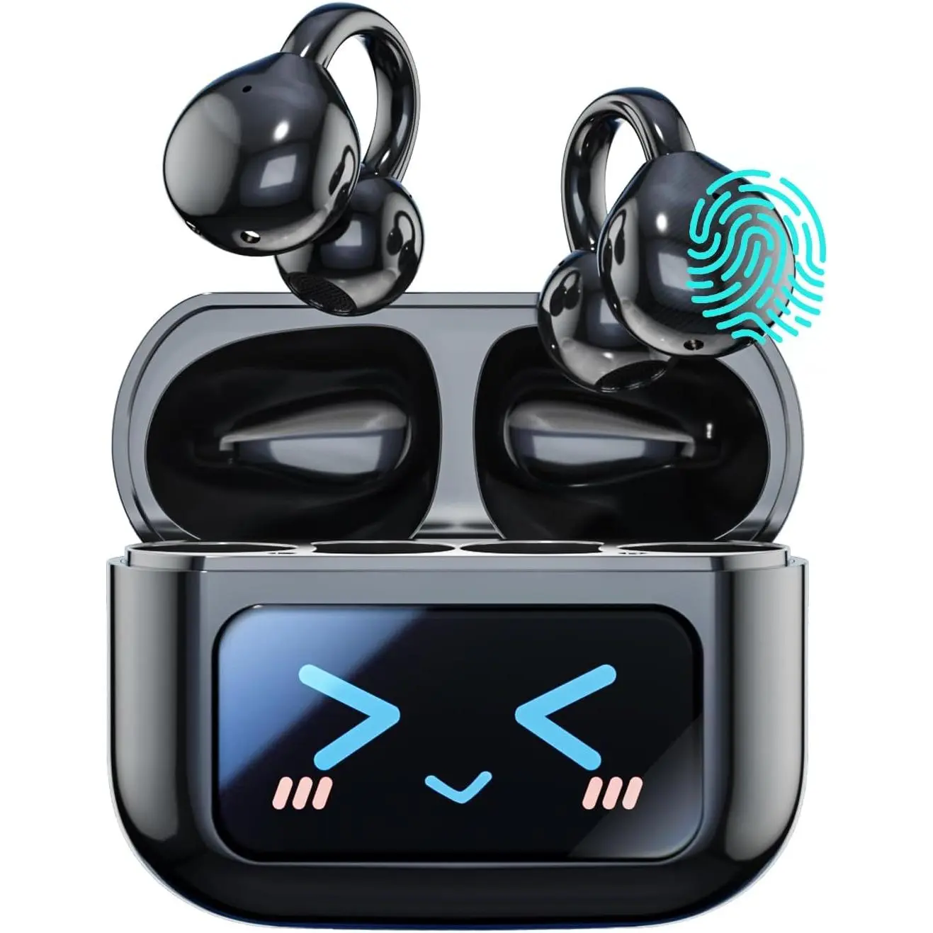 Open Ear Wireless Earbuds, Bluetooth 5.4 Clip On Headphones with LCD Touch Screeen, Lightweight Easy Wear Open Earbuds,IP7 Waterproof Sport Earphones for Running Workout