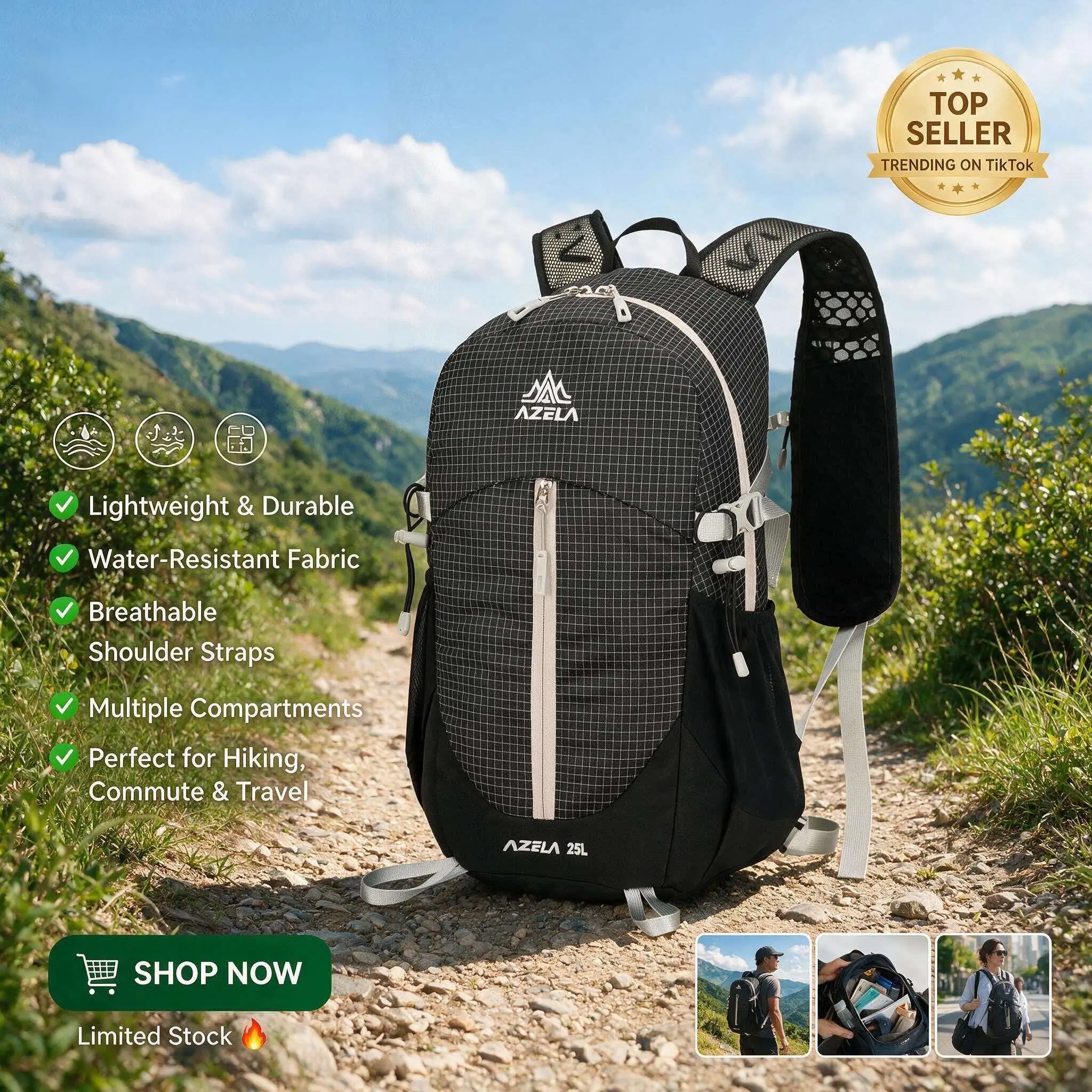 Azela 25L Large Capacity Multifunctional Hiking Backpack, Waterproof Breathable Shoulder Strap, Cycling Bag, Hydration Pack, Trekking Bag