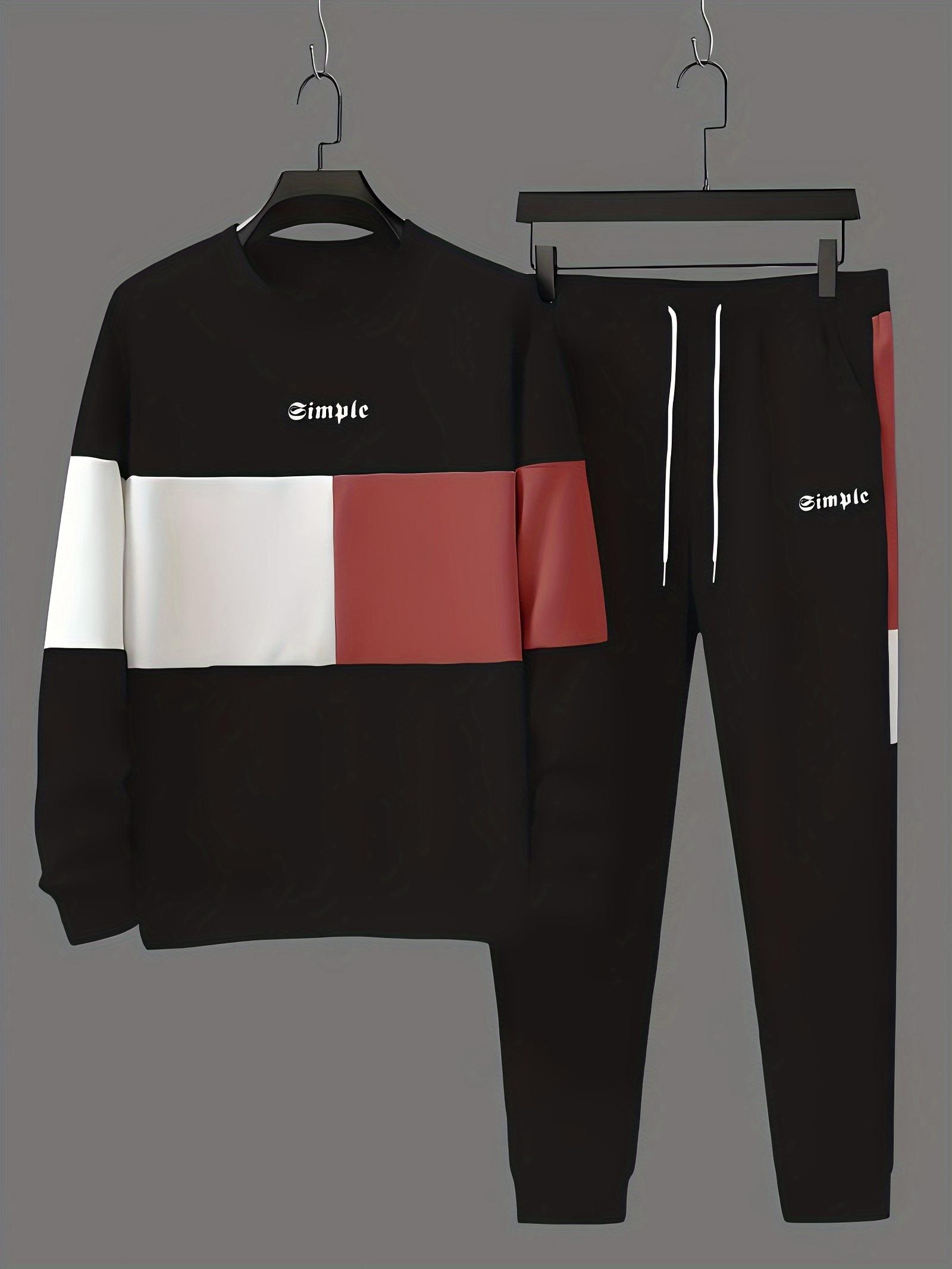 Men's color blocked 2-piece set, casual round neck long sleeved sweatshirt and sweatpants jogging pants set for winter and autumn, men's clothing