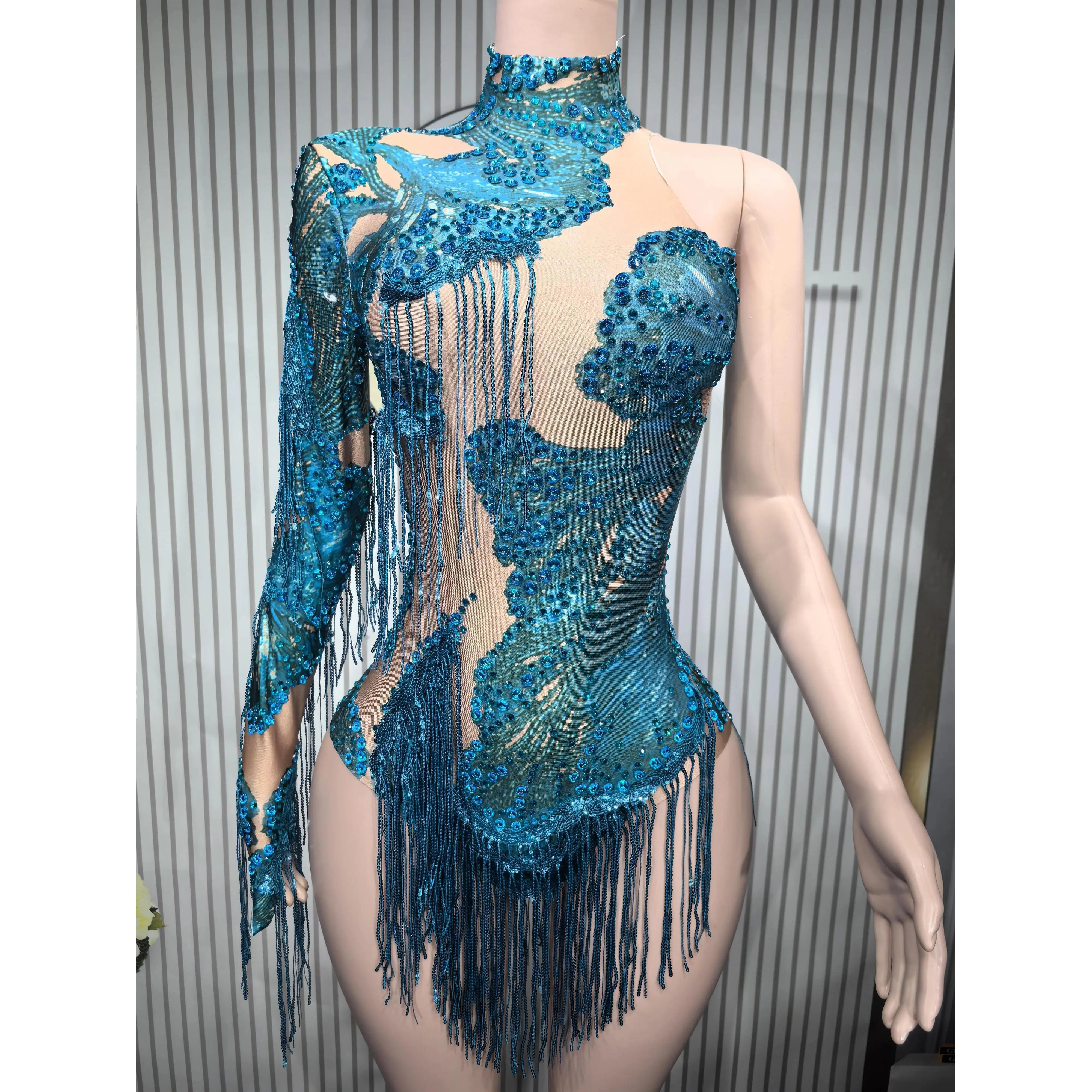 Sexy Skinny Leotard Singer Dancer Show StageWear Sparkly Blue Rhinestones Women DanceCostume Fringes One Shoulder Bodysuit  7G