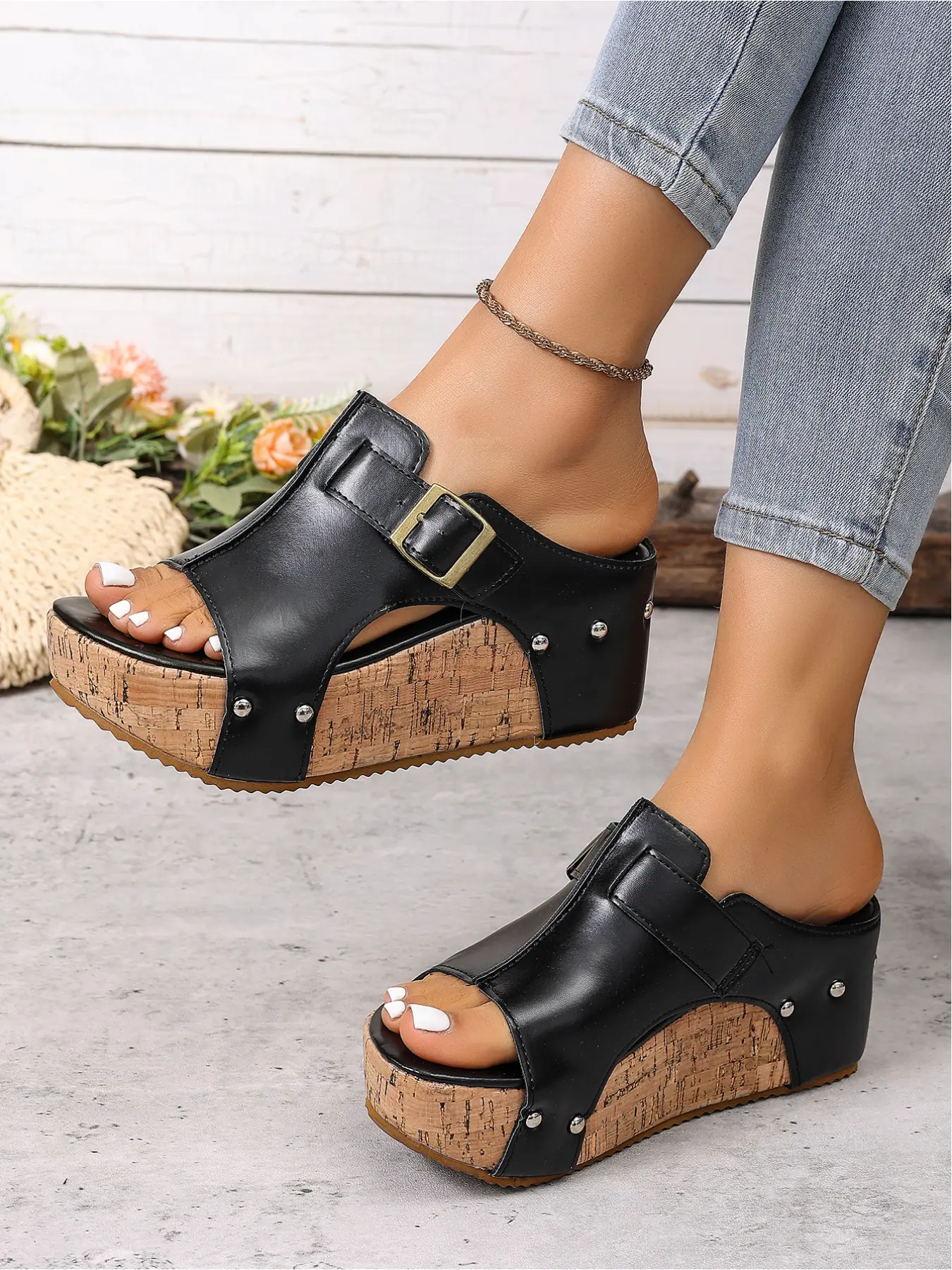 Side Cutout Wedge Slides Decorated with Studded Buckle Straps, Slip-On Platform Daily Commuter Footwear