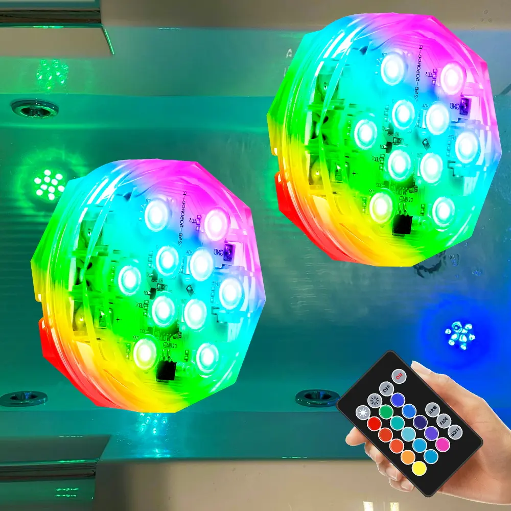 2Pack RGB LED Underwater Submersible Lights with Remote Colorful Changing Mood Swimming Pool Lamp Waterproof Battery Powered 15Colors 3Flashing Modes Bathtub Fountain Aquarium Fish Tank Vase Bathroome Night Lighting