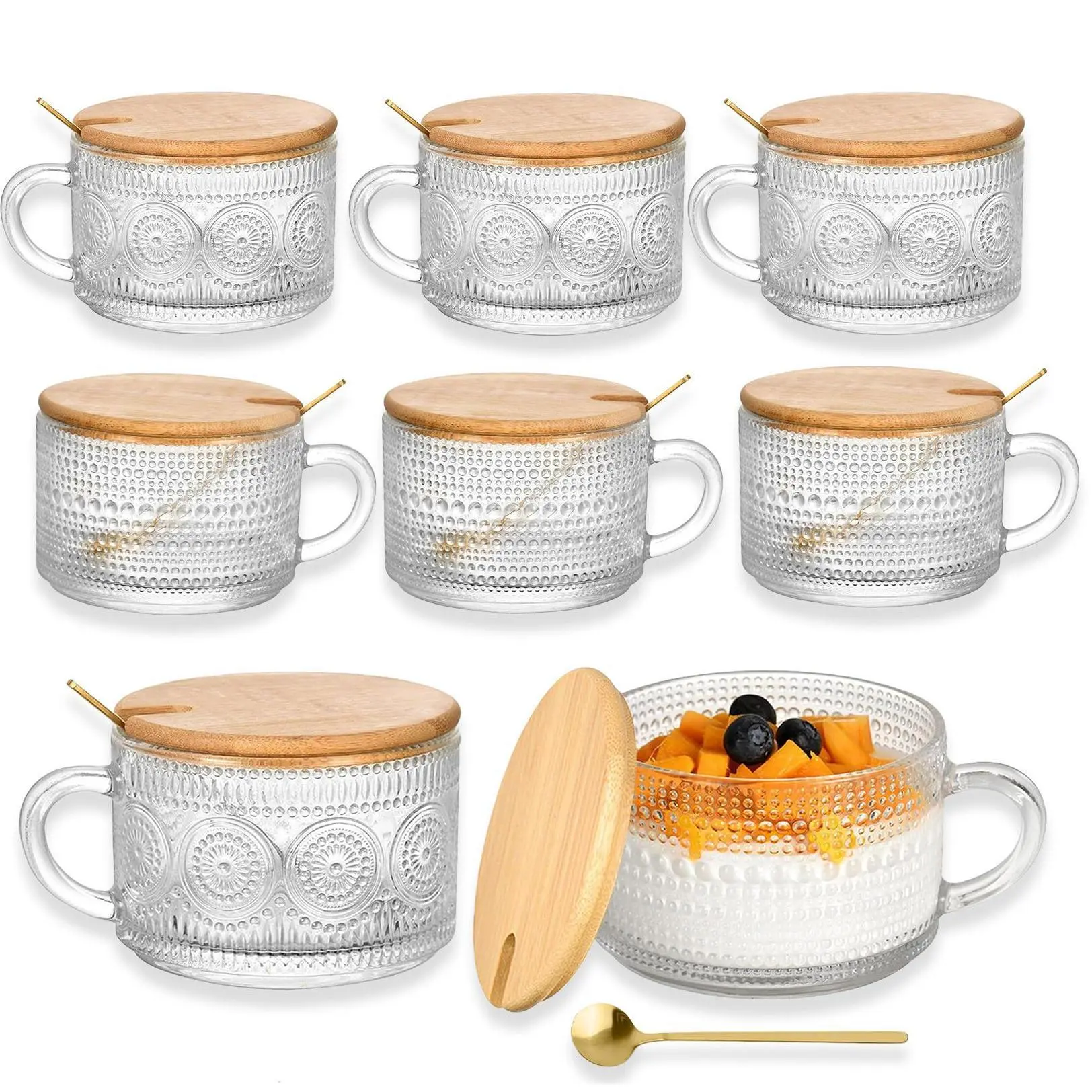 8 Pack 14oz Vintage Glass Coffee Mugs with Bamboo Lids and Spoons, Green Embossed Drinking Glasses for Iced Coffee, Tea, Latte,dorm essentials,home decor,home essentials,camping essentials