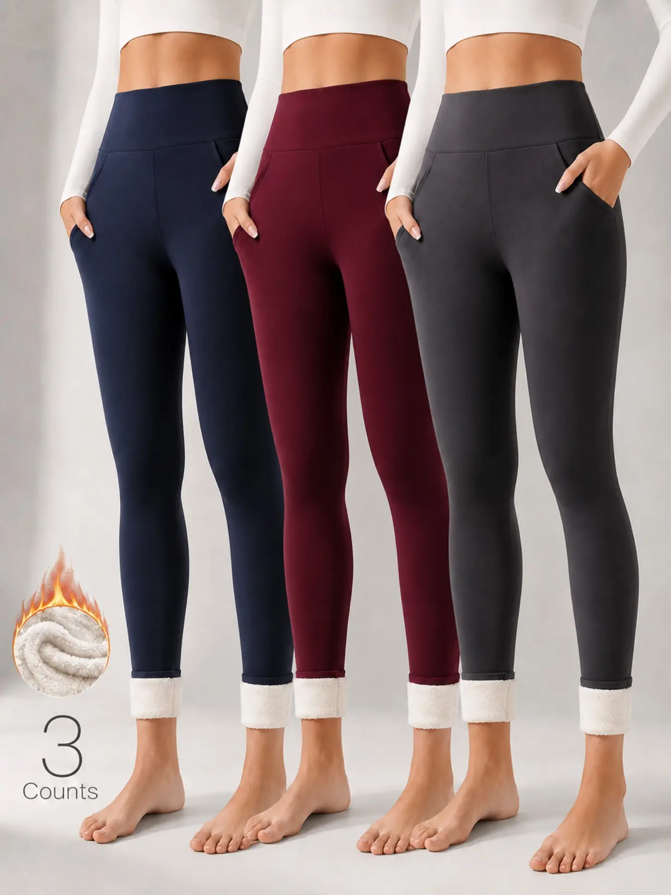 Women's Fall Winter High Waist Fleece Lined Leggings, Sporty Tight-Fitting Yoga Pants with Pockets, Warm Thick Woven Fabric