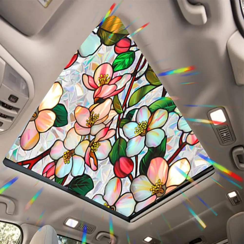 Crabapple Blossom Floral Pattern Synthetic Static Cling Window Film - Sun Protection, Easy Install, Rainbow Effect for Moonroof Windows & Side Windows, 17.72x35.43in Automotive Exterior Accessory, Synthetic Film