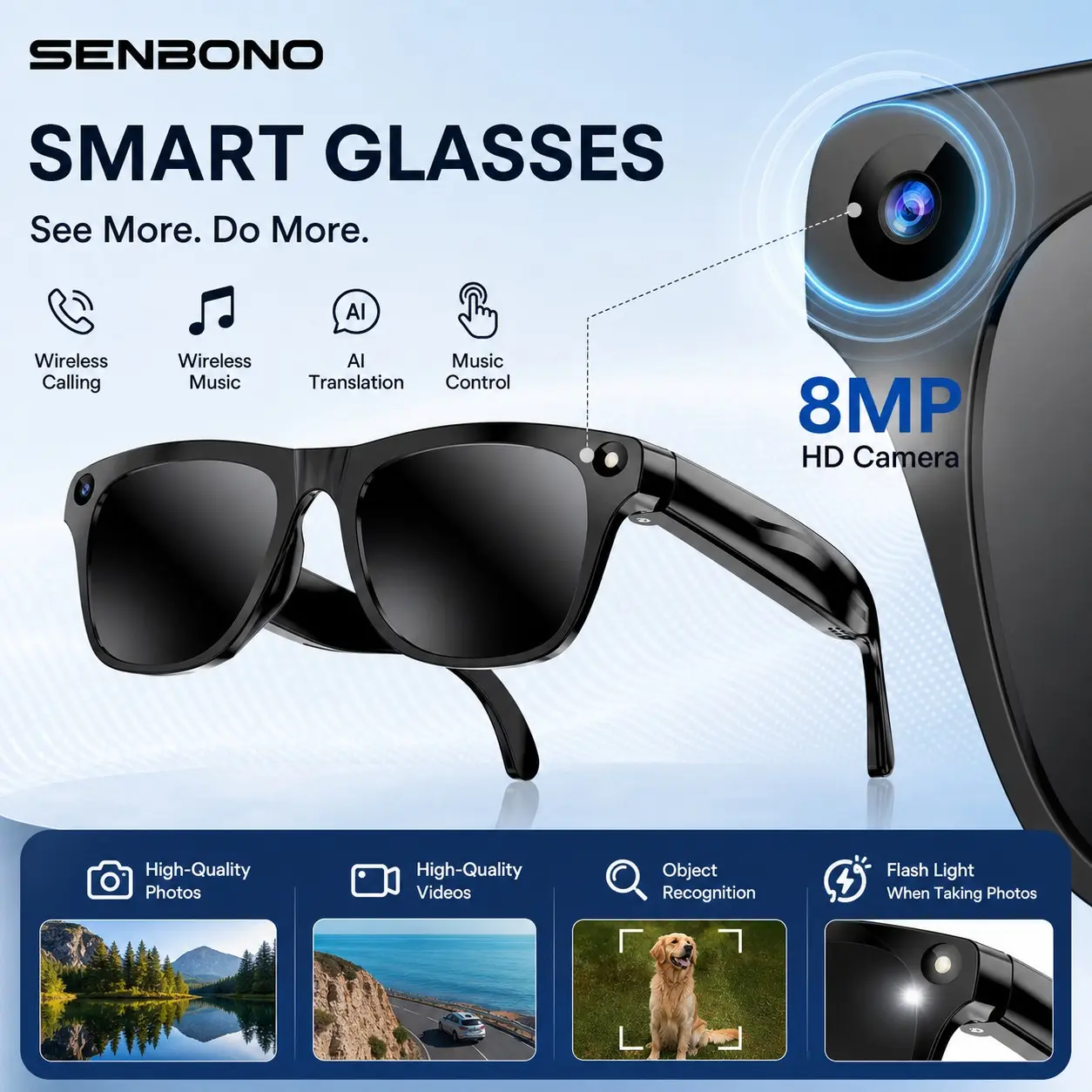 SENBONO Smart Multifunctional Audio Sunglasses with Ai Voice Assistant, Ai Translation, Object Recognition, 8mp Camera, Dual Mic Noise Cancellation, Fast Charging