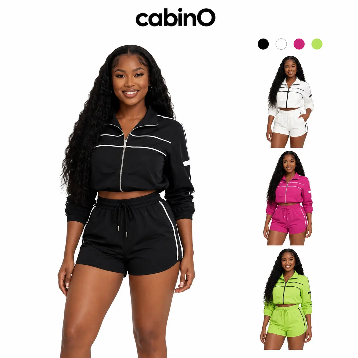Cabino Women’s Black and White Colorblock 2-Piece Activewear Set - Zip-Front Long-Sleeve Cropped Track Jacket, Drawstring High-Waisted Shorts for Summer Workout, Casual Streetwear