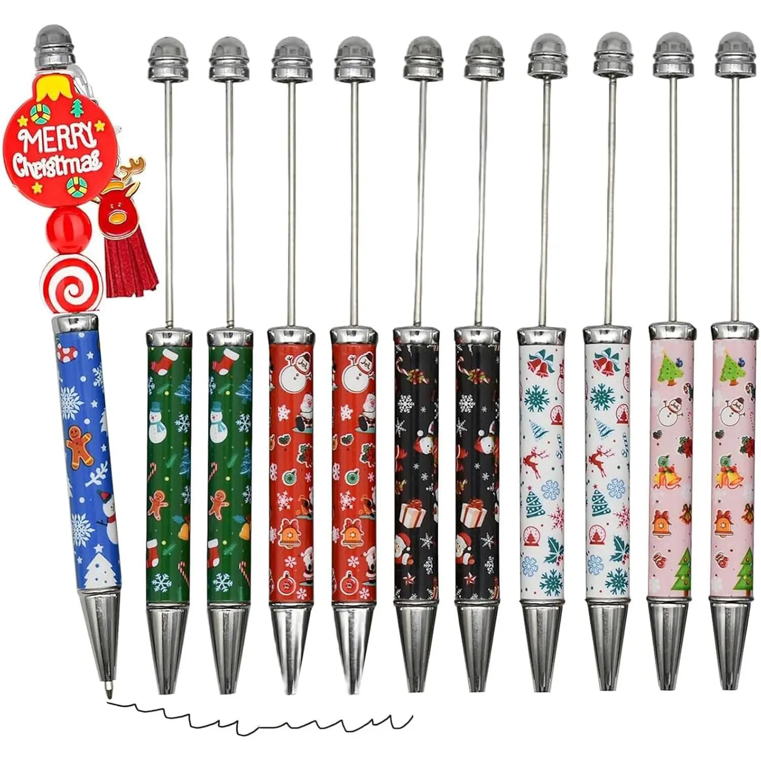 12 count Christmas Beadable Ballpoint Pens Retractable Black Ink | Bead Pen  DIY Shaft Beaded Pens Santa Claus Snowman Christmas Tree Snowflake Metal for DIY Making Party Crafting