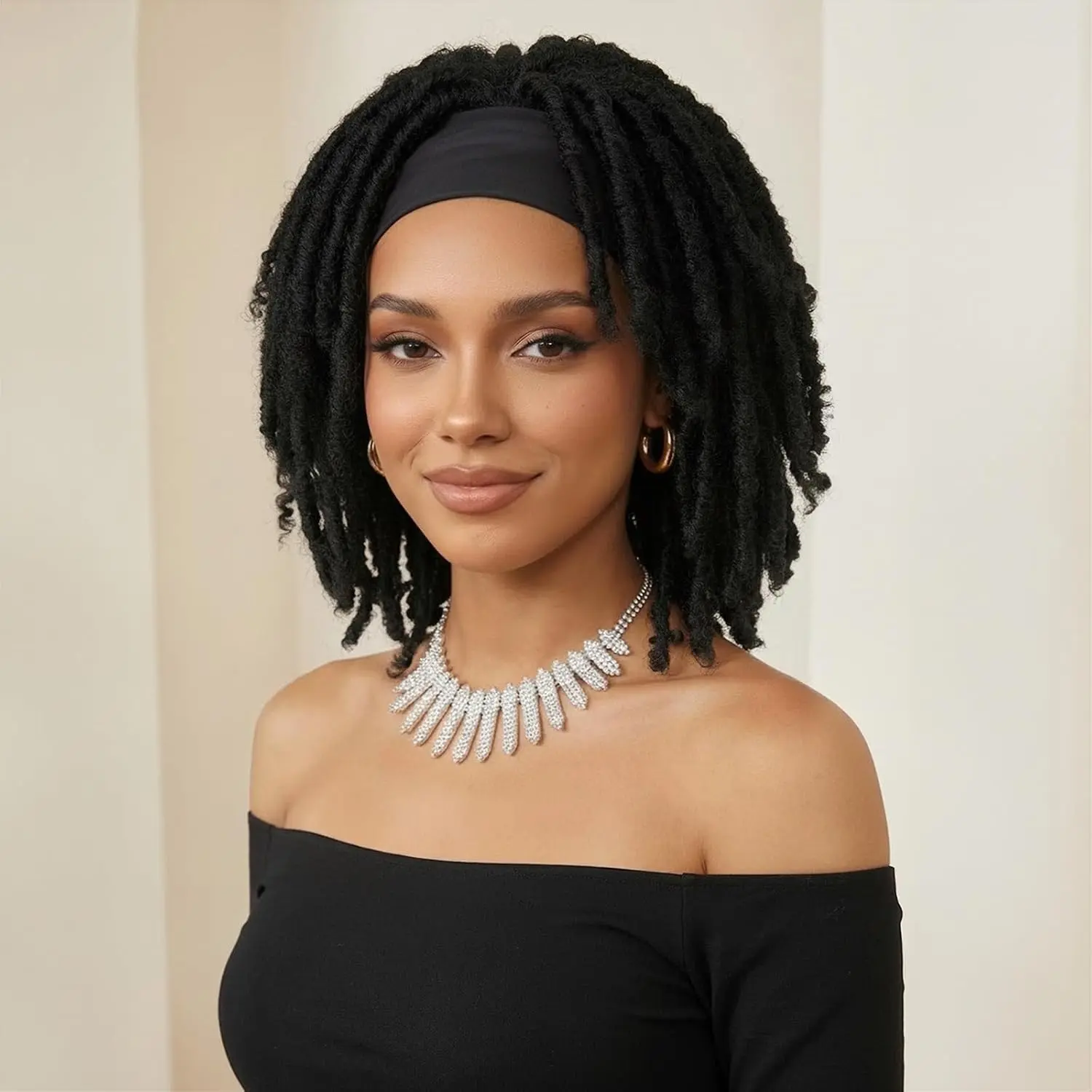 Afro Curly Braided Headband Wigs for Black Women Short Dreadlock Wig Glueless Synthetic Twist Faux  Wigs (Jet Black, 12 Inch)