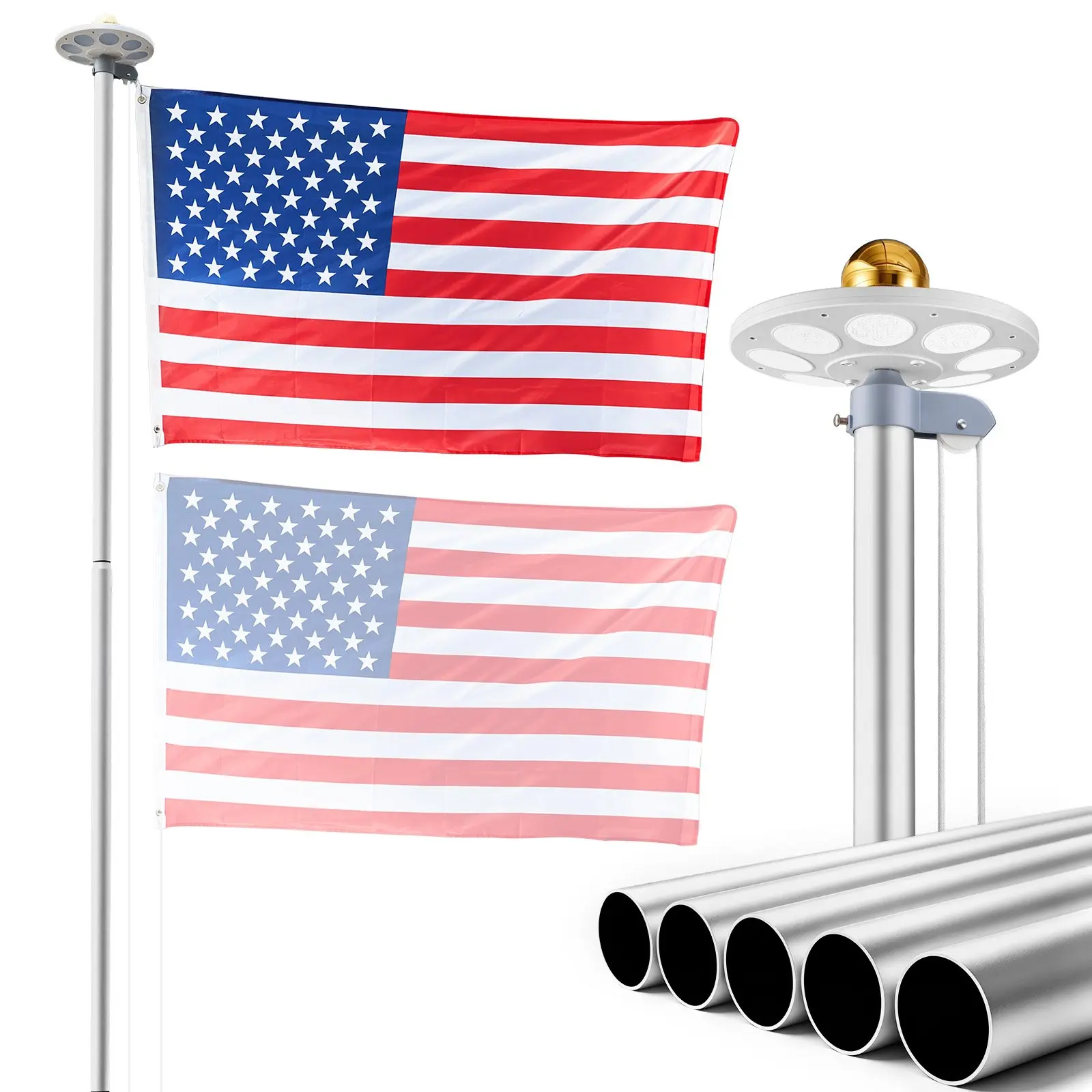 VEVOR 20ft Heavy-Duty Sectional Aluminum Flag Pole Kit, In-Ground Outdoor Flagpole with 136 LED Solar Light, 3x5 American Flag for Residential, Commercial Silver Use