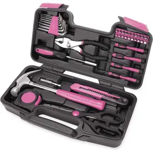 39 Piece All Purpose Basic Household Pink Tool Kit for Women - Small Tool Set with Toolbox Great for Home Garage Office and College Dormitory Use