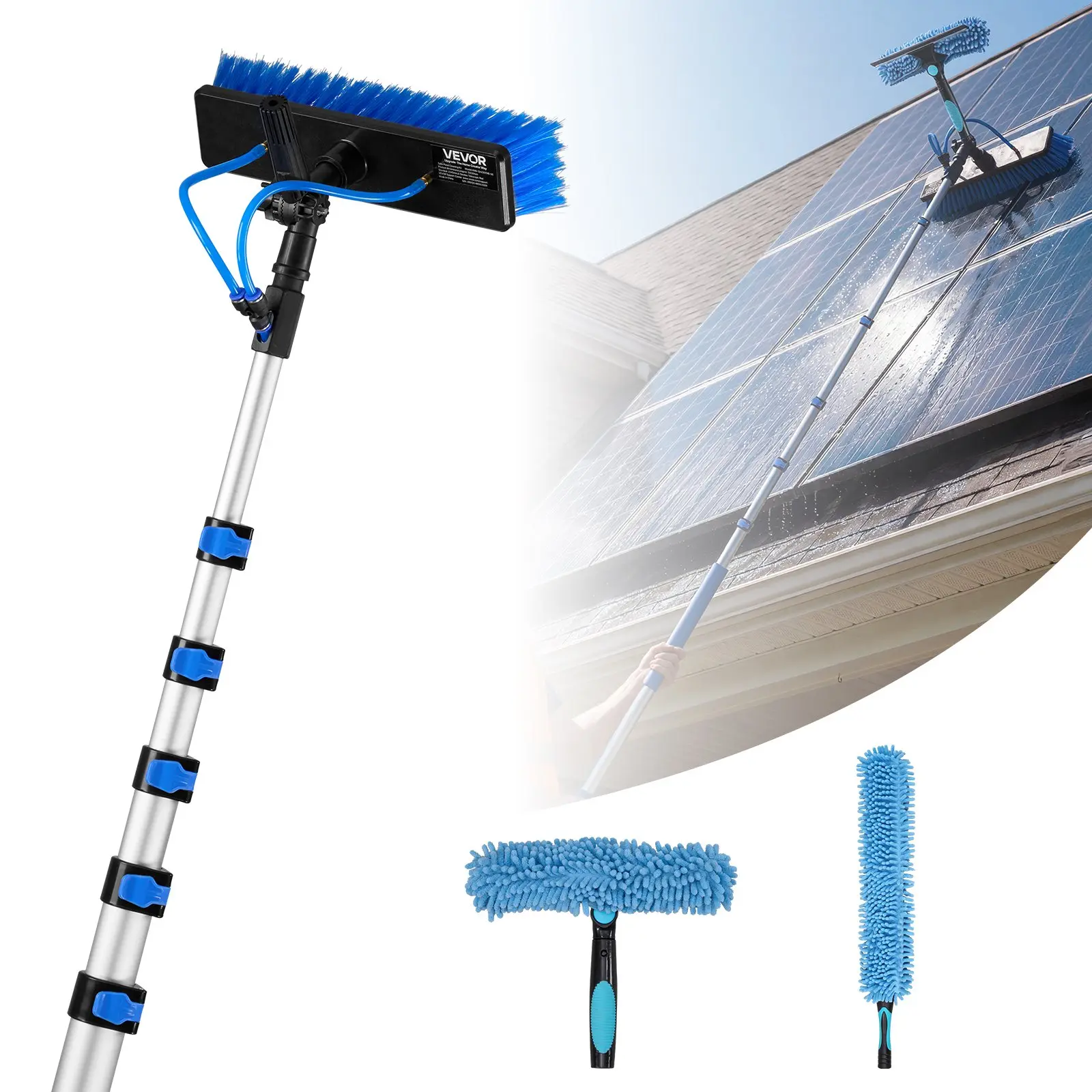VEVOR Built to Last Solar Panel Cleaning Kit, 33 ft Aluminum Alloy Extendable Telescopic Pole, Rotating Brush with 180° Rotatable Head, Soap Dispenser, Water Jets, 5.15 kg for Roof Mounted Panels, Glass Surfaces, Windows