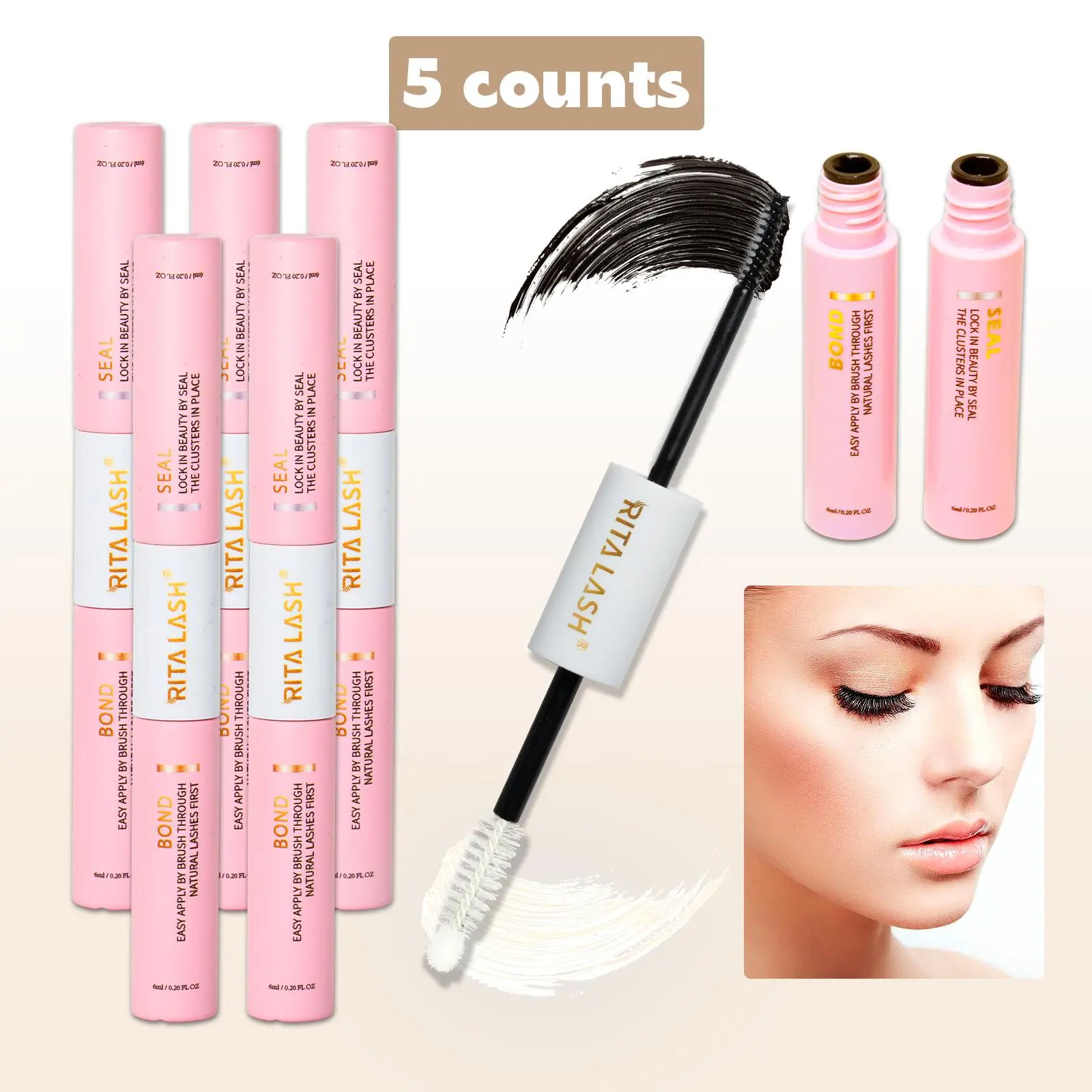 Lash Bond & Seal Cluster Lash Glue, 5-Count Set Individual Cluster Lashes DIY Lash Extension Black Bond & Clear Seal Lash Glue, Eyelash Bonding Glue for Sensitive Eyes, Individual Eyelash Kit, Eyelash Extension Supplies