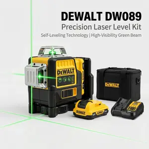 DeWalt DW089 3 x 360 Green Cross Line Laser Level, Green Beam, ±3mm/10m Accuracy, ±4° SelfLeveling, IP54, 20m Working Range, AA Battery Powered, For Tiling, Framing, Cabinetry And Layout, Includes Batteries & Case，Cordless Green Laser Level