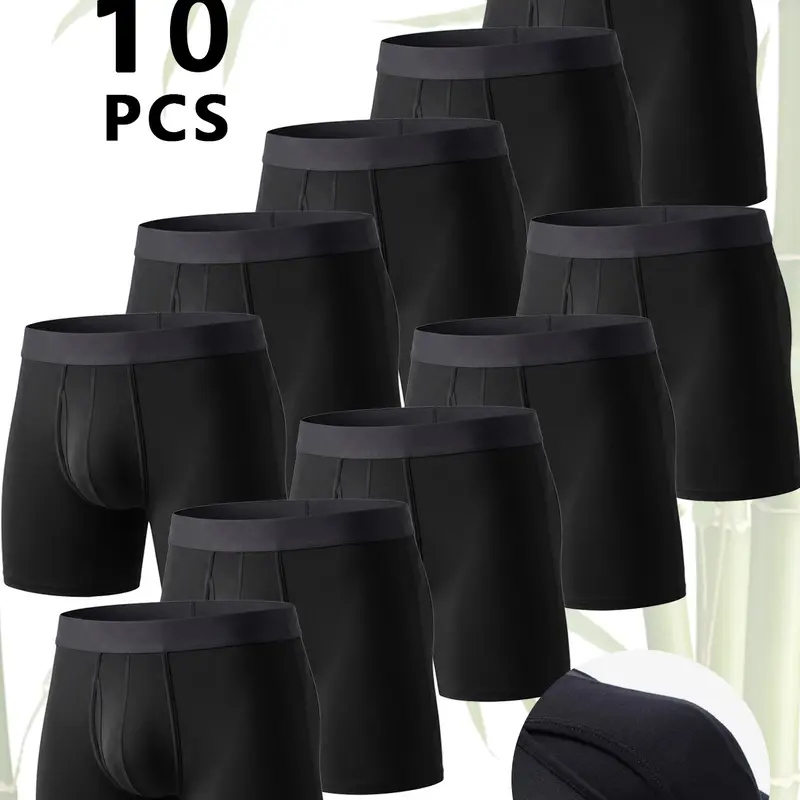 10PCS All Black Men's underwear Bamboo Fibr underwear for men Soft Touch Stretch Long pants Boxer Shorts man Breathable Cool Men's panties