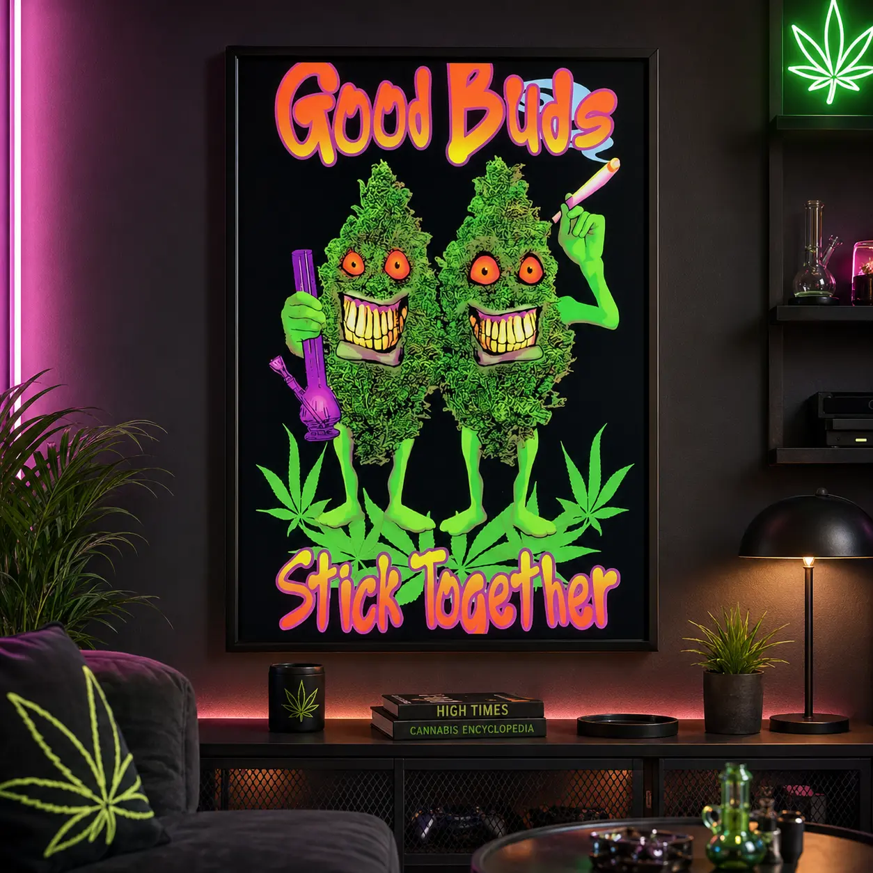 "Good Buds Stick Together" Blacklight Pot Poster - Vintage, Waterproof, Artistic Print with Box, Home Decoration for Bathroom Wall Art, Cool Room Decor, Kitchen Spaces, Canvas Wall Art Print, Funky Retro Poster for Bathroom Dorm Apartment, Gift Decor