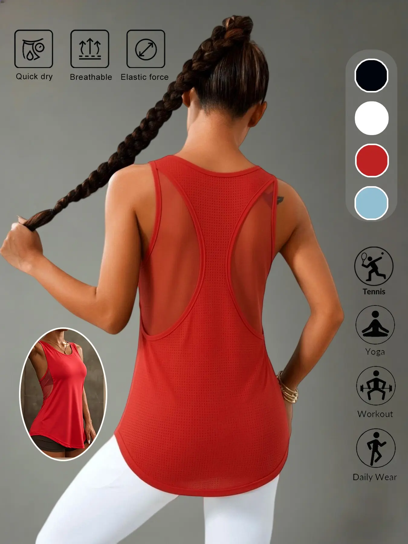 Women Mesh Panel Racerback Athletic Tank Top, Breathable Quick Dry Curved Hem Sleeveless Top for Gym Yoga Running Workout, Elastic Yoga Vest
