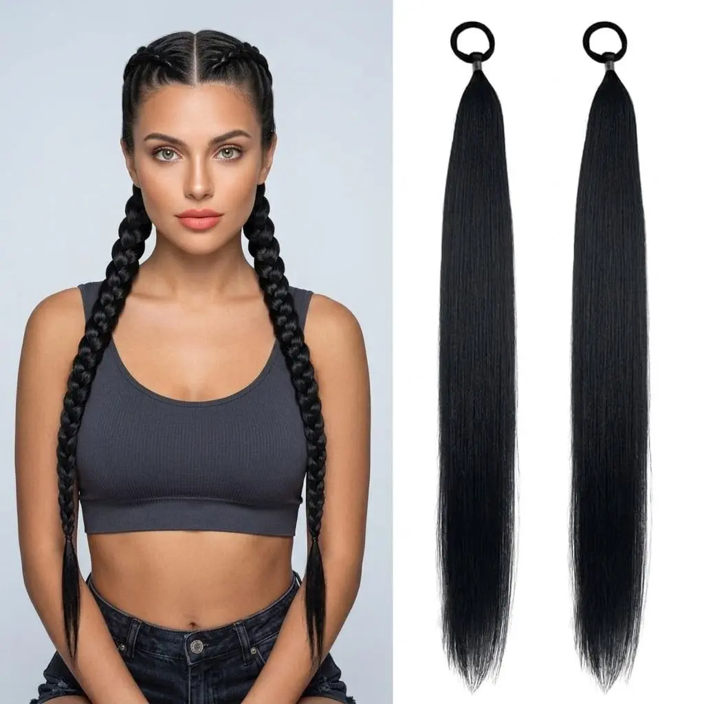 2 Pack Braid Ponytail Extension with Elastic Tie, 26 Inch Black Wrap-Around Synthetic Braiding  for Women, Quick DIY Bubble Braids Fishtail Twists  Party Daily Wear(26inch, 1B)