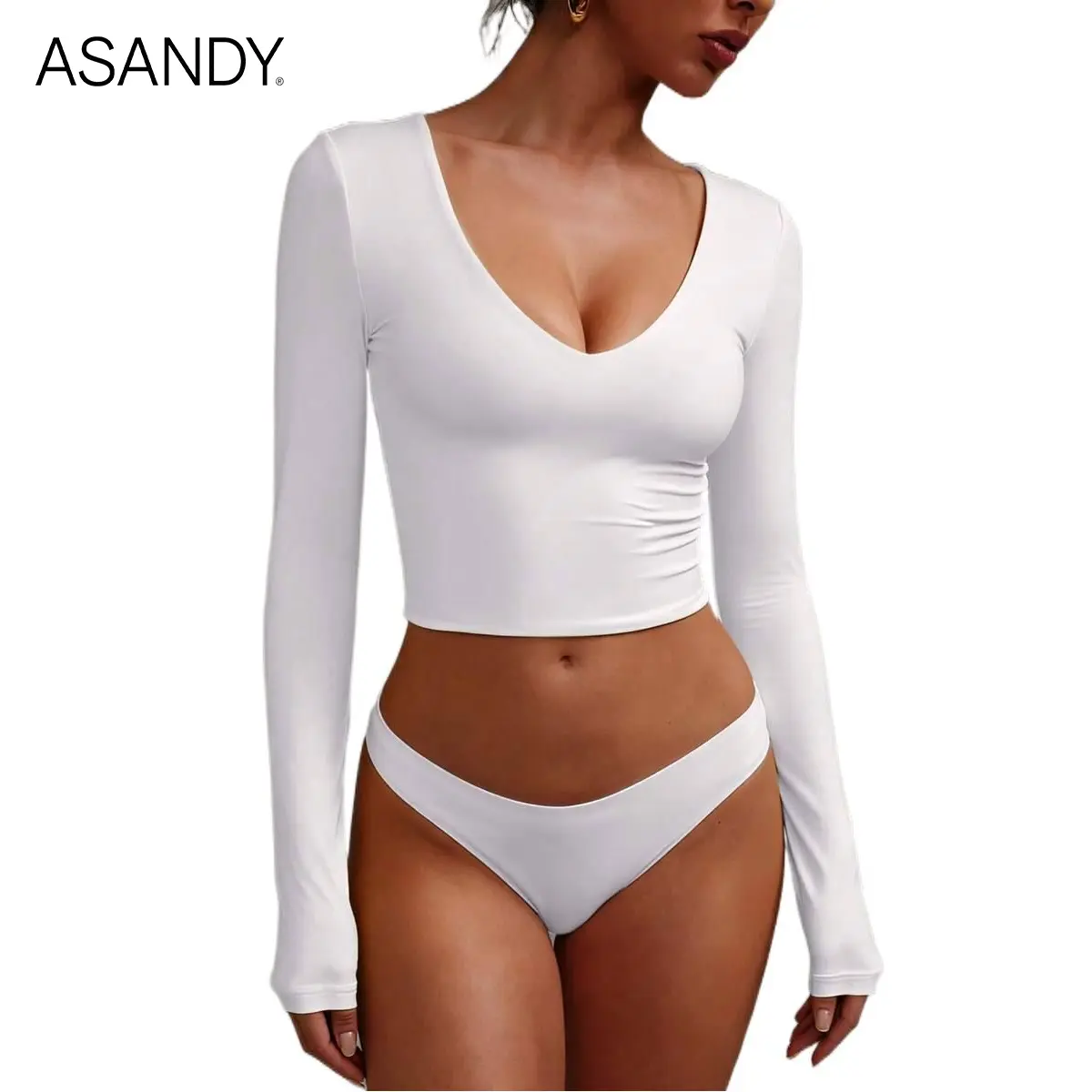 ASANDY Women's Buttery Soft Double Lined Long Sleeve Crop Top – Deep V Neck Slim Fit Stretch Shirt, Y2K Going Out Top, Casual Date Night Fashion Essential