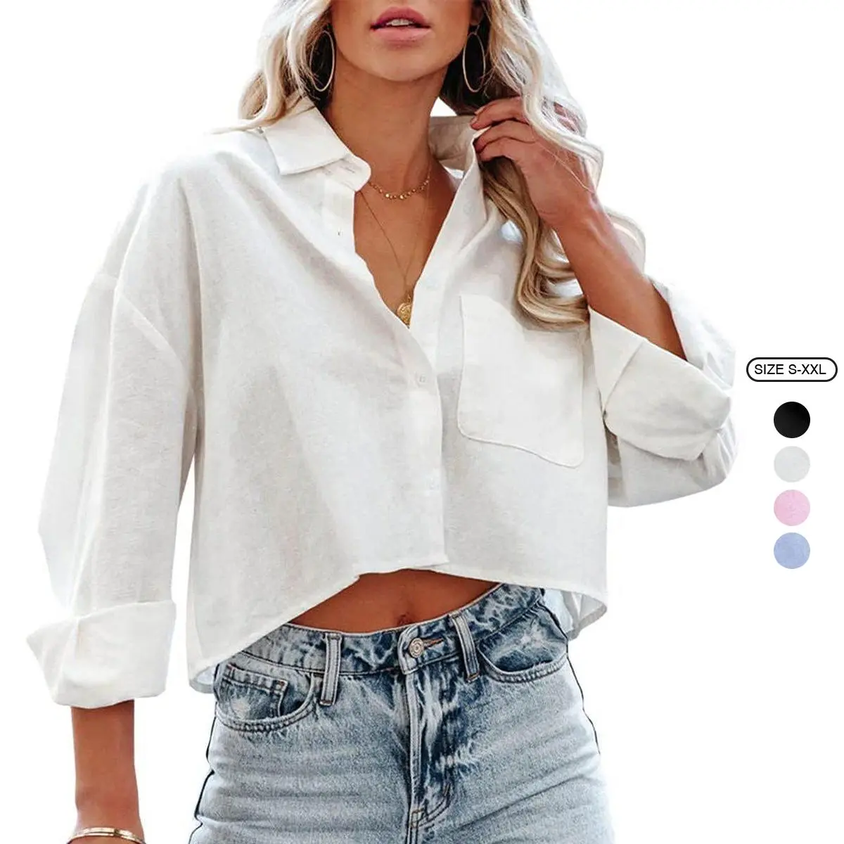 Women's Solid Cotton Shirt Blouse, Casual Longsleeves Button Down Cropped Top with a Collared Neck and Chest Pocket, Casual Crop, Solid Lapel