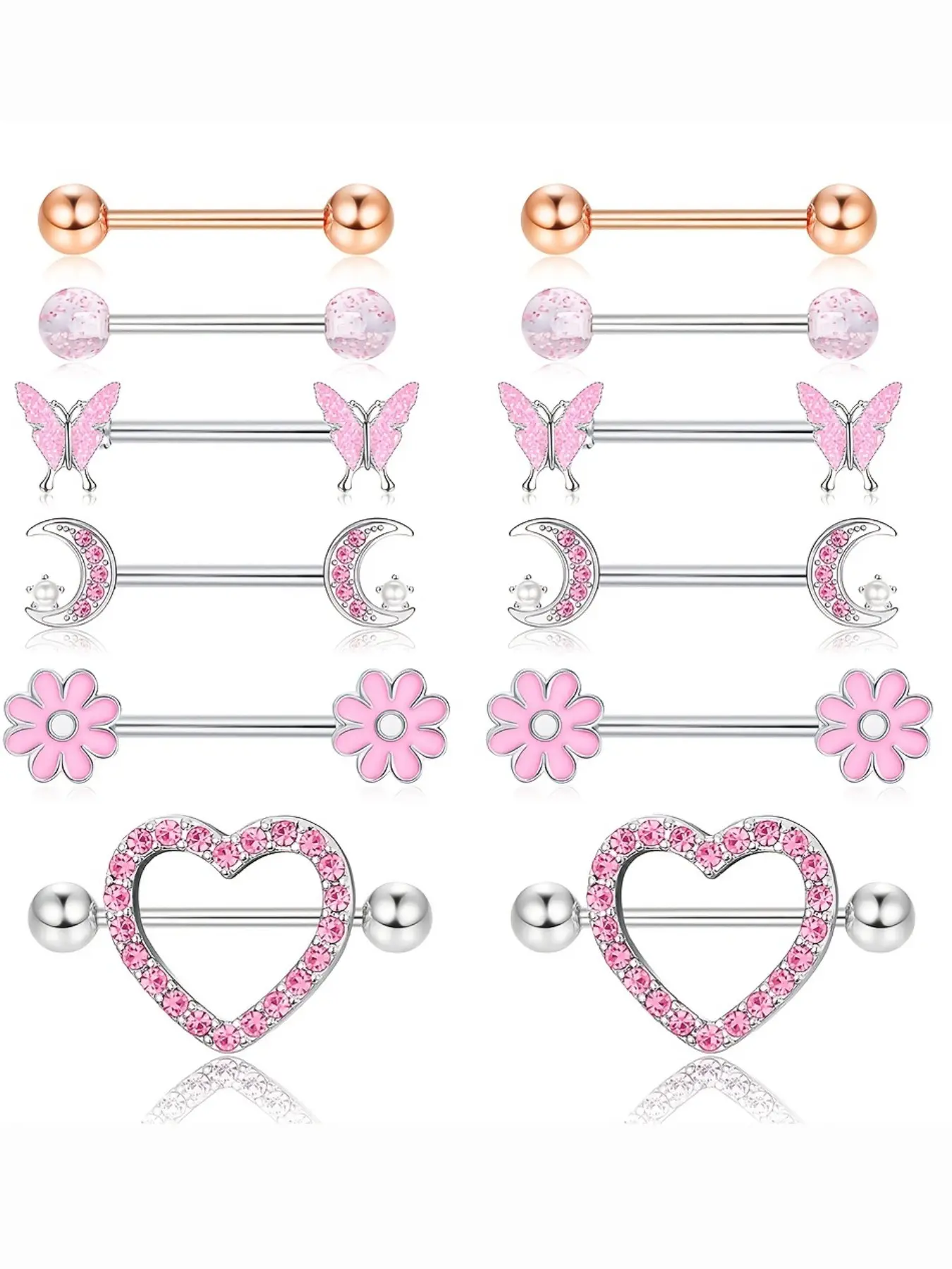 Pink CZ Nipple Barbells Set, Stainless Steel Butterfly Heart Moon Flower Nipple Rings, Women Body Piercing Jewelry