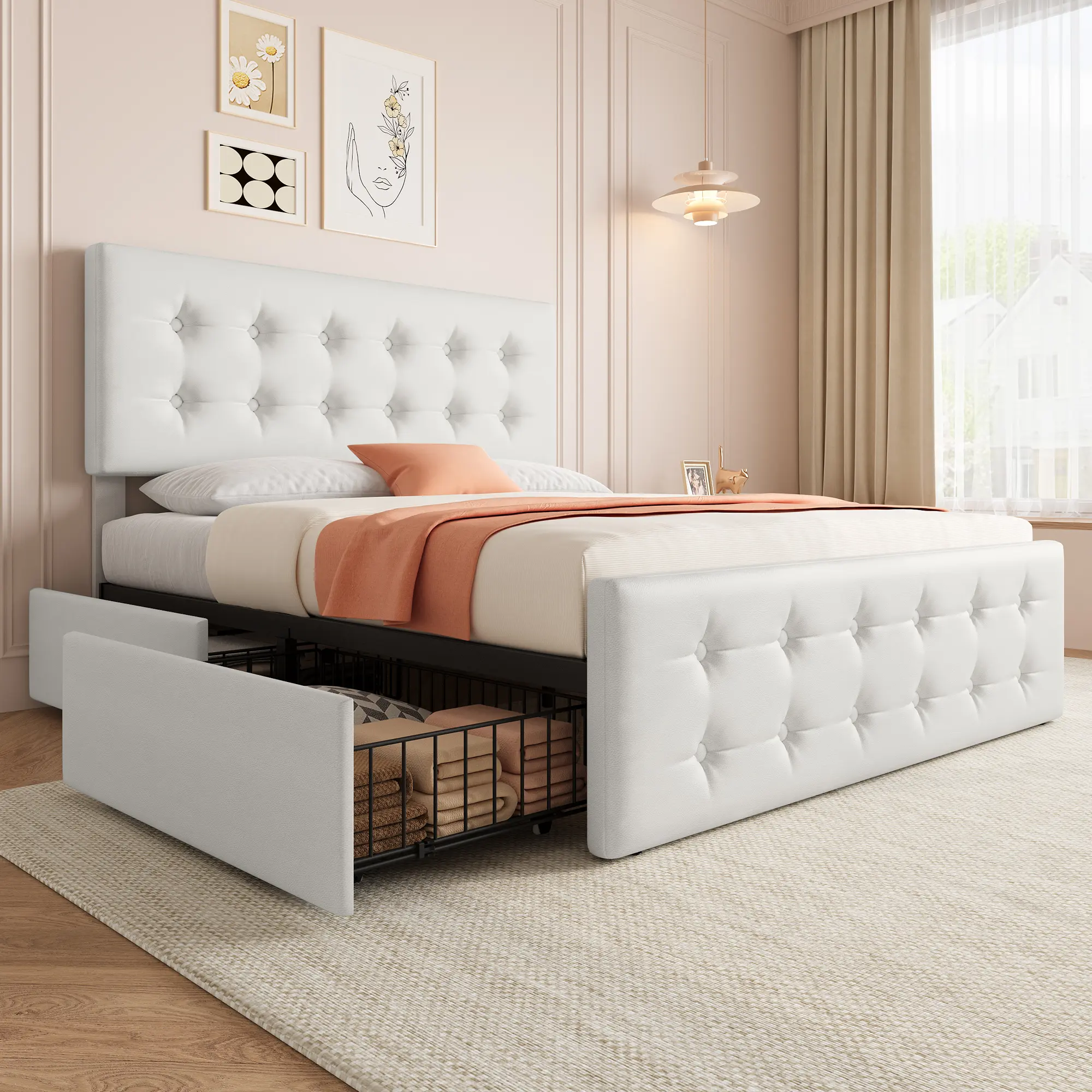 Sturdy Full/King/Queen Bed Frame with Storage Underneath - Adjustable Headboard - Button Tufted Upholstered Platform - Wooden Slats Support - Skin-Friendly Linen or Faux Leather - No Box Spring Needed for Modern Bedroom