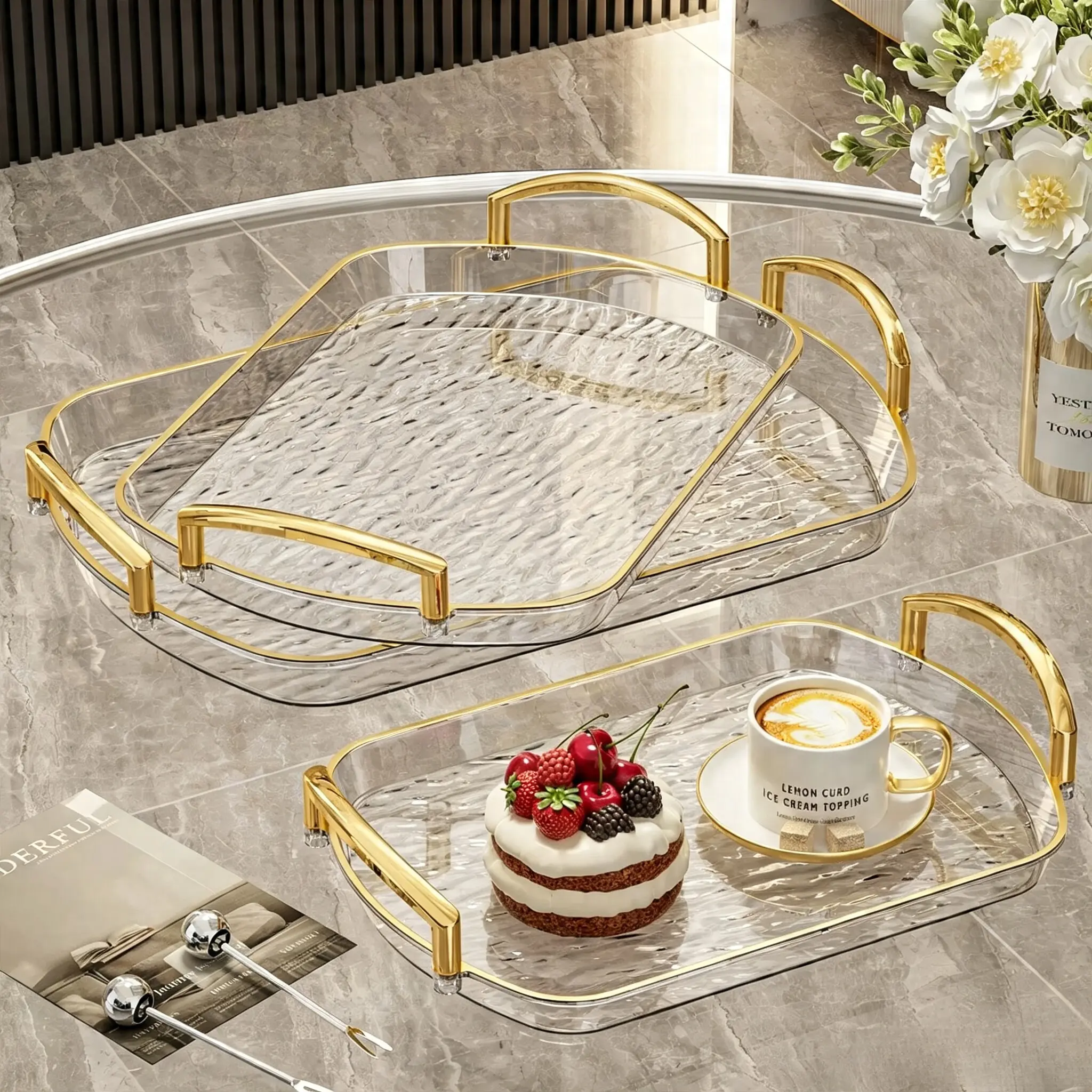 3 Pcs Serving Tray with Handles, Stackable Serving Platters , 16.2/14.2/12 Inch Rectangle Food Trays, clear water ripple tray Platters for Dinner, Cookie, Cake, Cheese and Fruit rack basket storage box
