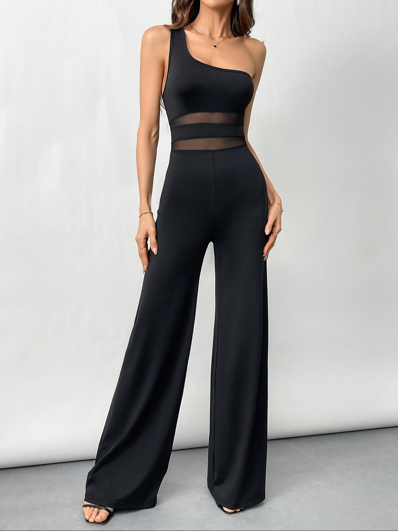 Elegant Solid Color One Shoulder Elastic Waist Jumpsuit for Women, Mesh Splice Design, High Stretch, Breathable Fabric, All Season Versatile, Suitable for Casual and Formal Evening