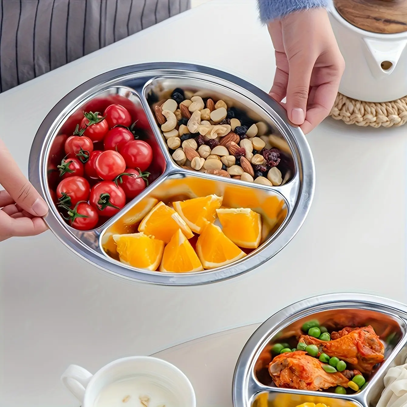 Three Compartment Stainless Steel Tray, Easy Clean Food Serving Dish, Ideal for Home, Camping, Restaurant, Holiday Gifts