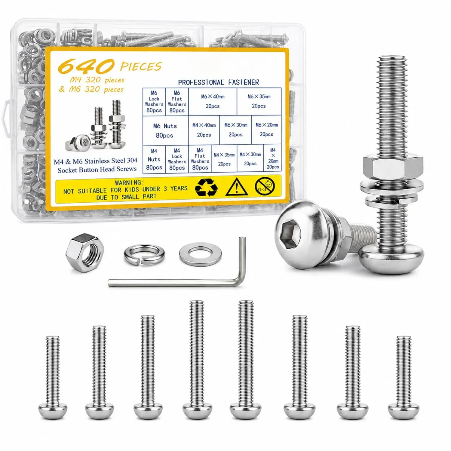 640 count M4 M6 Metric Screw , Hex Socket Button   Nuts and Washers  Kit, 304 Stainless Steel Screws Nuts and  Kit for  Printer, DIY(640, M4&M6)