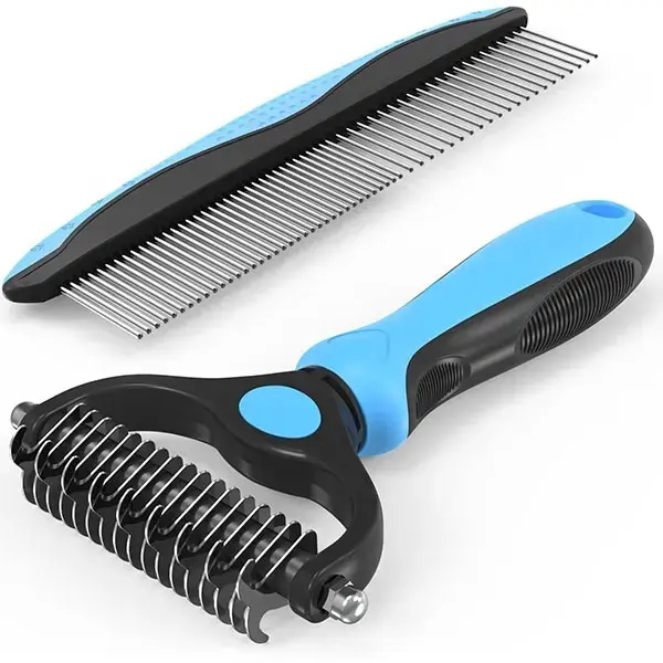 Pet Grooming Combo - Blue Steel Rubber Deshedding Brush with Metal Comb, Detangles Hair, Reduces Shed for Long Matted Fur on Cats, Dogs