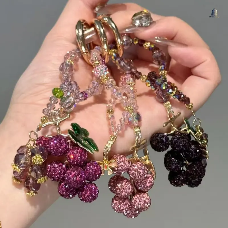 Purple Rhinestone Grape Cluster Phone Lanyard & Pink Grape Pendant Accessories - Mini Exquisite Sparkling Keychain, Dainty Hanging Charm for Cellphone, Keys, Handbag Daily Decoration