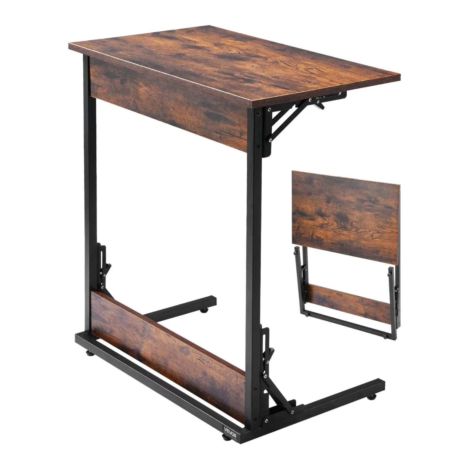 【DealsForYouDays】VEVOR C Table, Folding C Shaped End Table with Metal Frame Adjustable Feet, Foldable C Shaped Side Table for Living Room Bedroom Office, 23.62x 14.57x 27.56 inch C Shaped TV Tray, Brown and Black