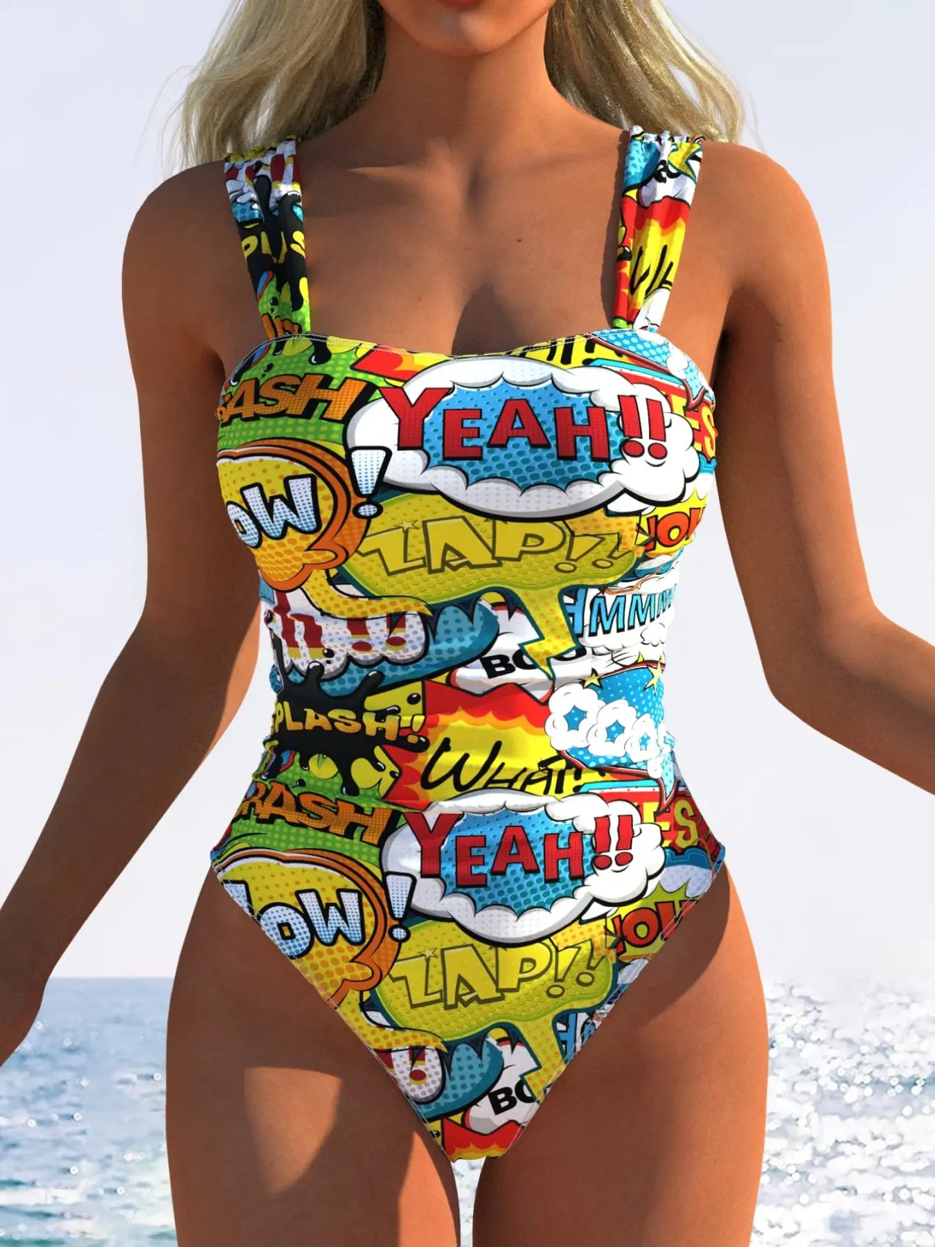 New European and American Style Women's Fashion Sexy One-Piece Swimsuit, Cartoon Print, Patterned Swimsuit, Wide Straps, Comfortable Fit, Trendy Bathing Suit
