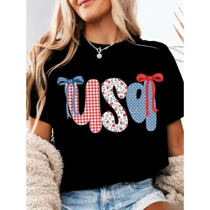 Women's Patriotic USA Flag T-Shirt Floral Stars & Stripes Design with Gingham Bow Accent Red White Blue Casual Round Neck Short Sleeve Tee for 4th of July Labor Day Thanksgiving Halloween Comfortable Casual Attire Ideal Gift for Women & Men