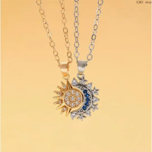 Women's Matching Sets, 2-Piece Minimalist Sun and Moon Couple Necklaces with Crystal Stones, 2-Tone Stackable Chains for Anniversary Gifts