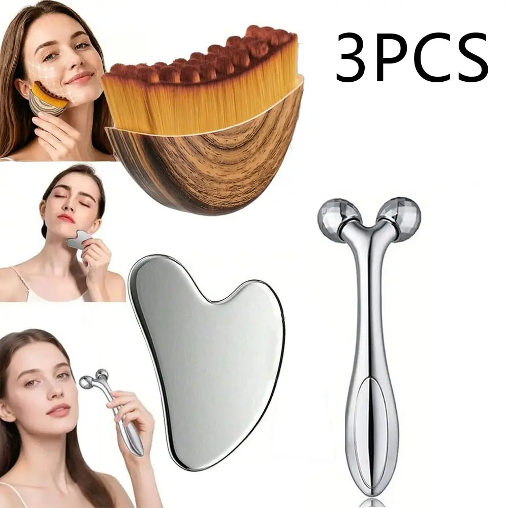 3pcs Lymphatic Drainage Facial Tool Set, Stainless Steel Gua Sha, Contour Brush, 3D Roller, Reduce Fine Lines, Firm Skin, Face Massagers